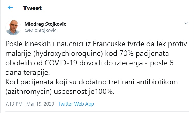 Stojkovi Lek Protiv Malarije Je Efikasan U Le Enju Korone