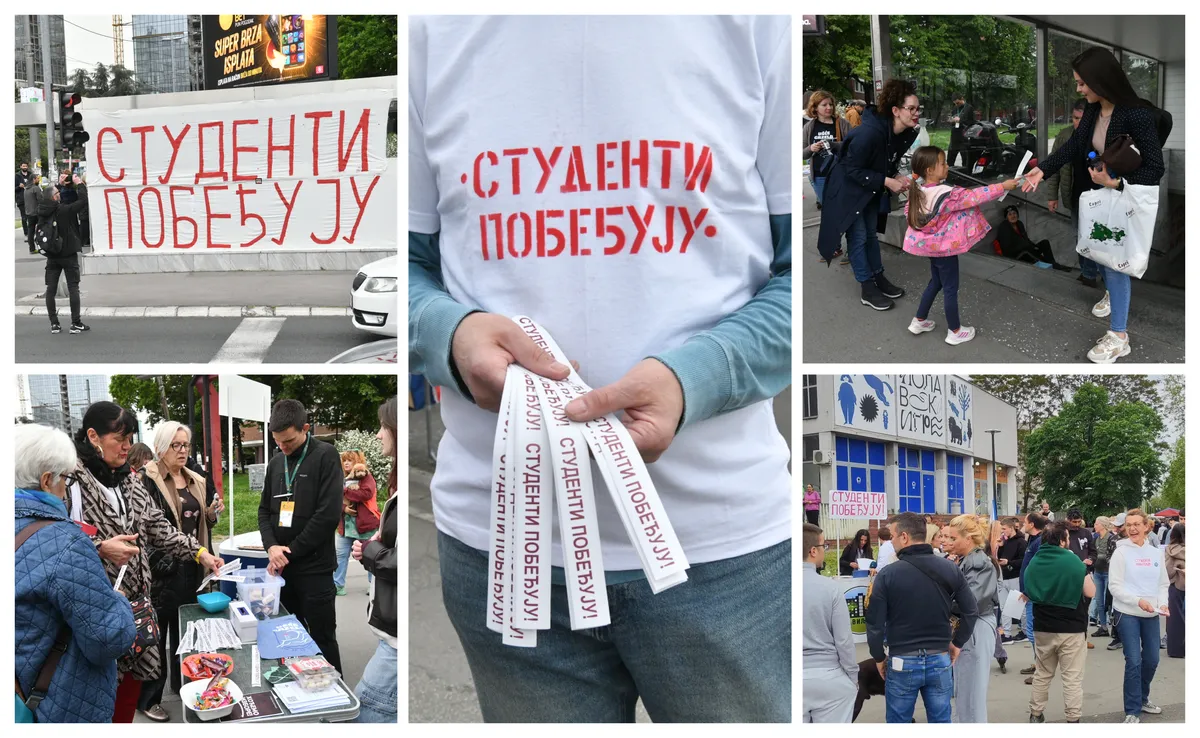 Studenti širom Srbije dele nalepnice "Studenti pobeđuju", ispred Skupštine transparent vlasti