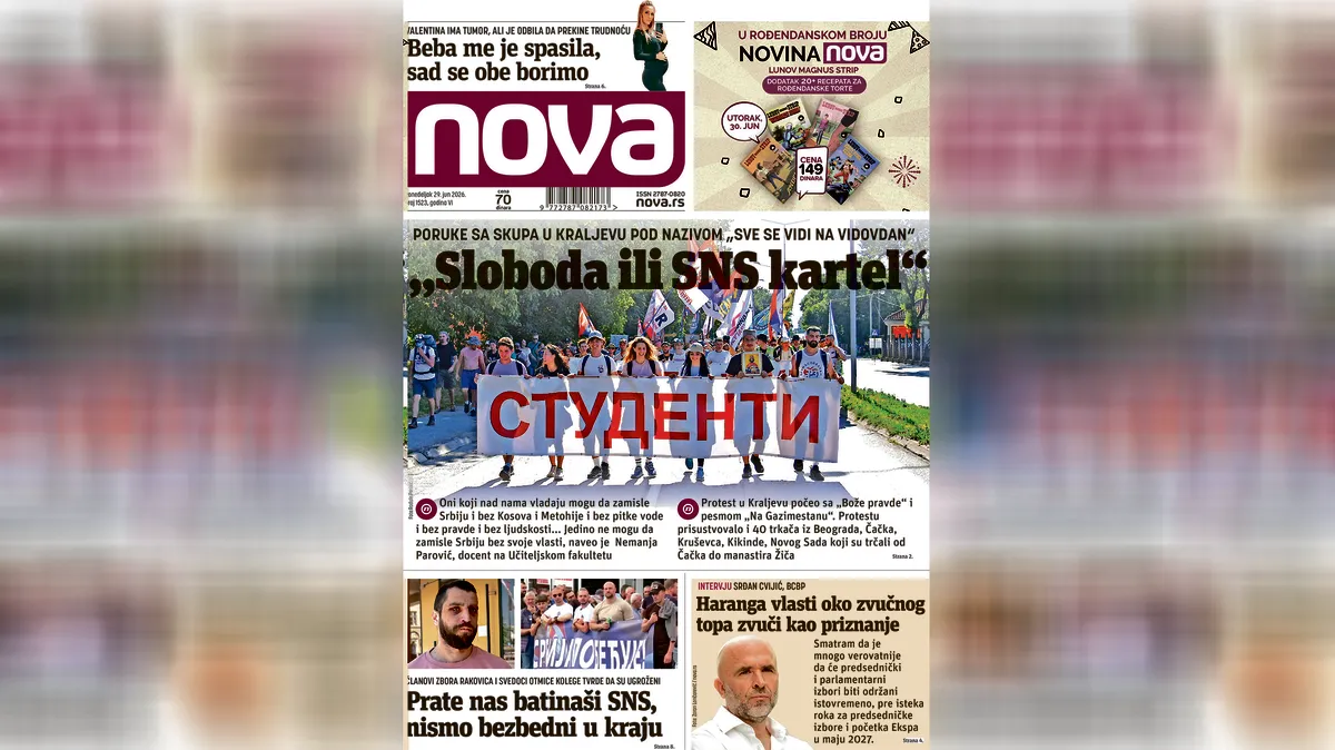 "Nova" piše:  "Sloboda ili SNS kartel" glavna poruka studenata sa skupa u Kraljevu