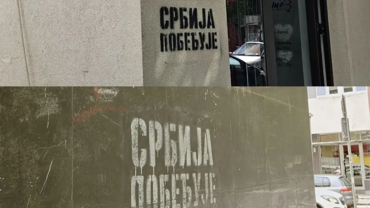 SNS grafiti "Srbija pobeđuje" ispisani po Valjevskoj gimnaziji, fasadama, galeriji, saobraćajnim zankovima...  FOTO
