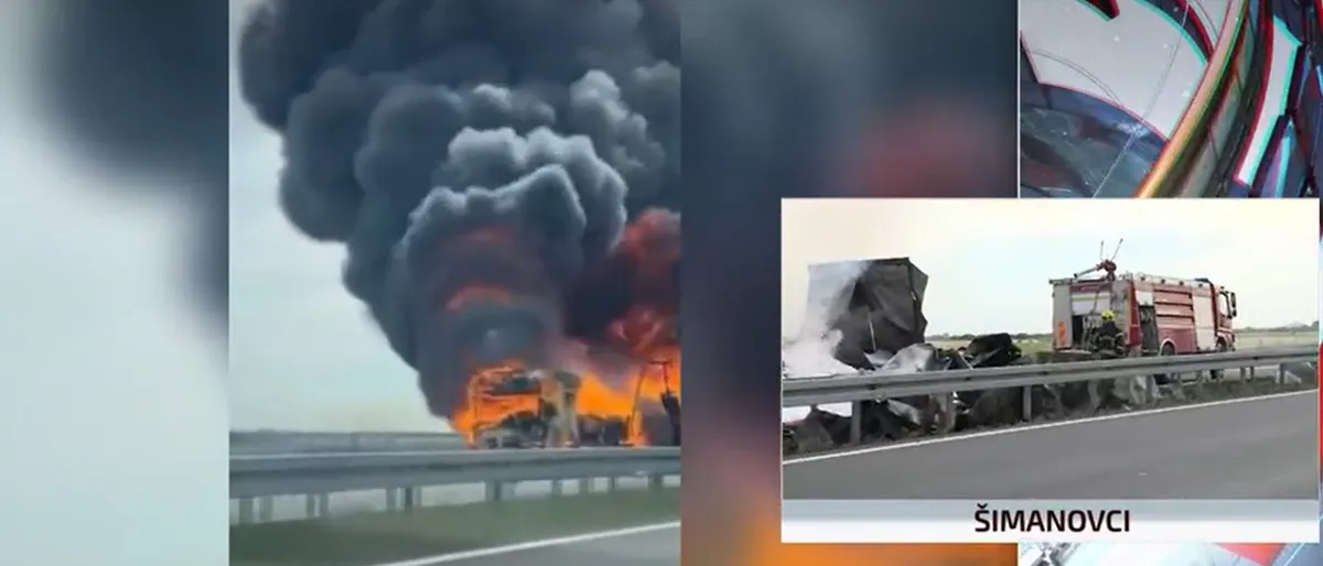 Sudar dva kamiona na autoputu, šleper u plamenu: O