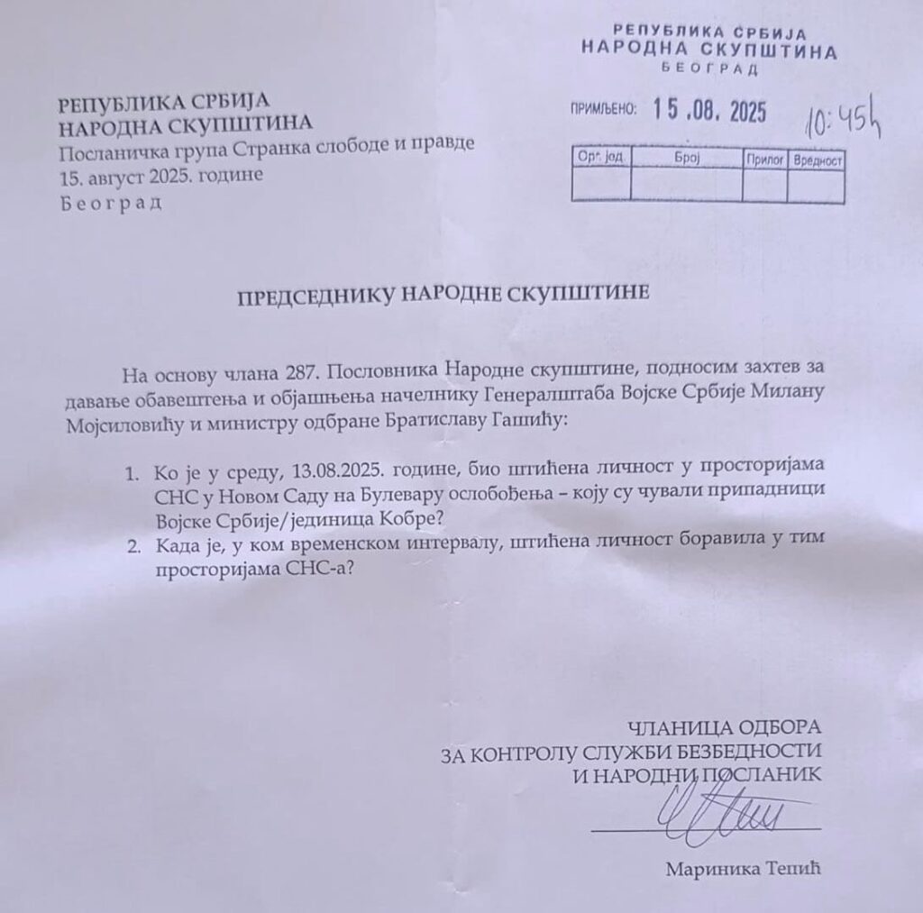 izjava potpredsednice Stranke slobode i pravde Marinike Tepić, kao i njeno poslaničko pitanje o prisustvu Kobri u SNS prostorijama i odgovor ministra odbrane Bratisla gasica