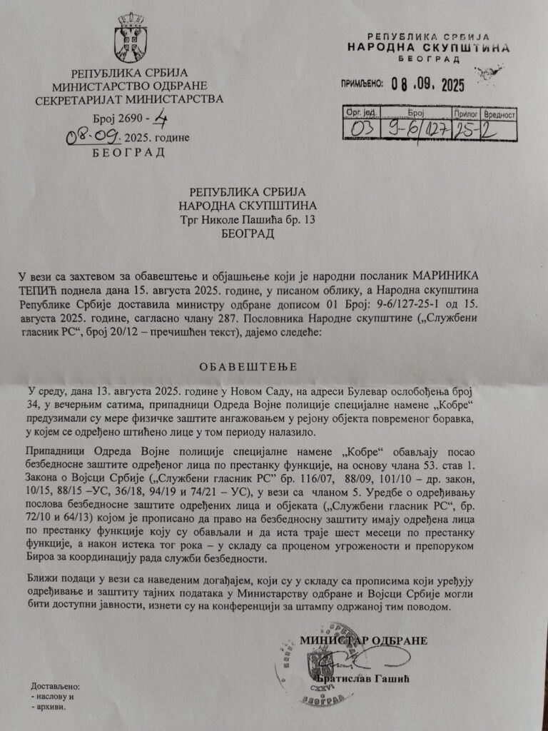 izjava potpredsednice Stranke slobode i pravde Marinike Tepić, kao i njeno poslaničko pitanje o prisustvu Kobri u SNS prostorijama i odgovor ministra odbrane Bratisla gasica