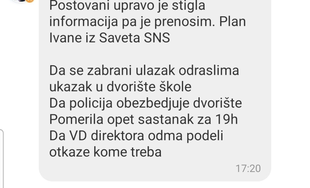 viber poruka koja sadrži instrukcije za novog direktora osnovne škole Pavle Savić u Mirijevu
