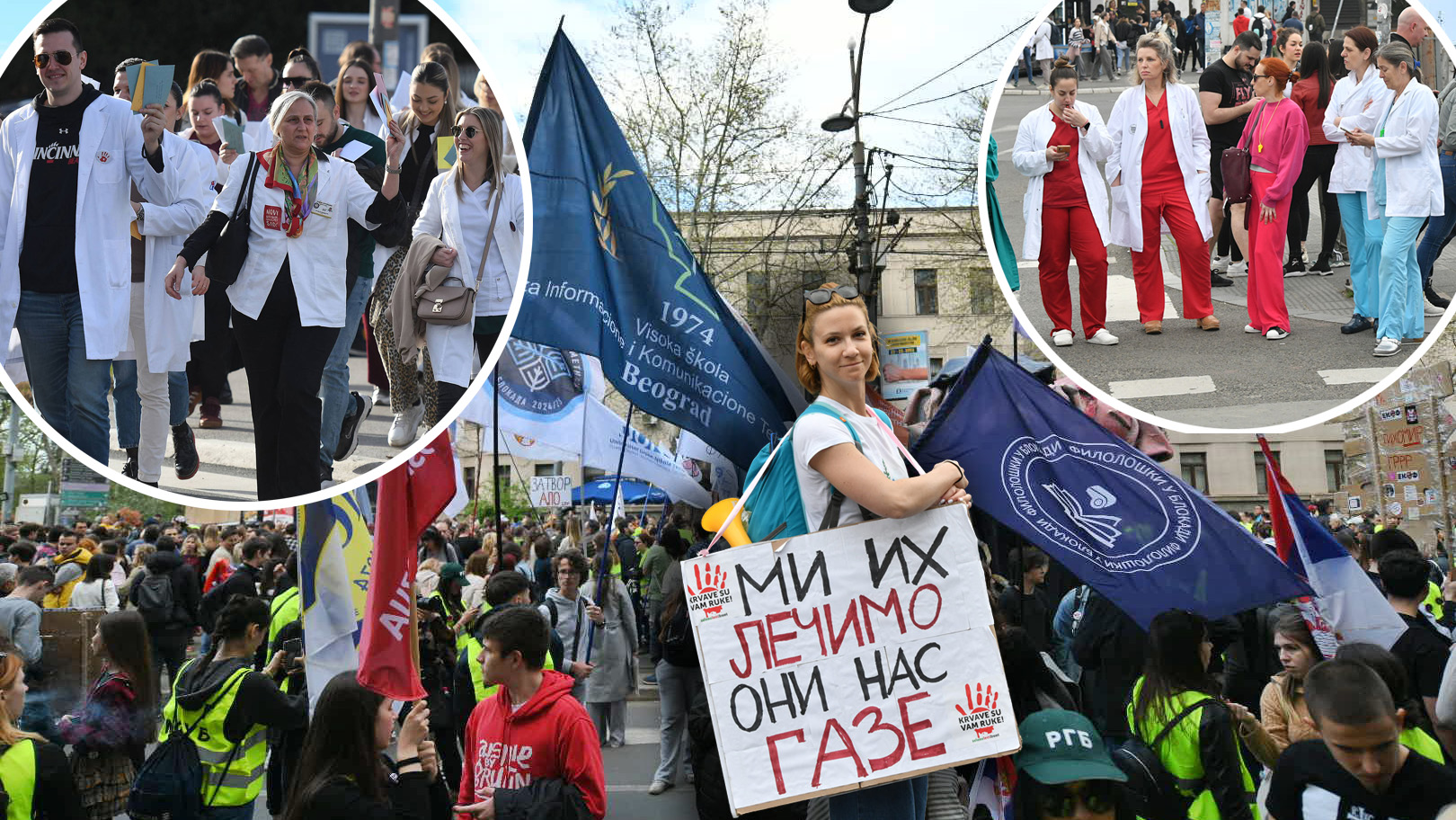 Lekari, medicinari, studenti, protest, kombo
Od početka blokada i protesta lekari trpe najjače pritiske režima. pokrivalica za lekare, može neki protest belih mantila i kombo protest studenata u blokadi