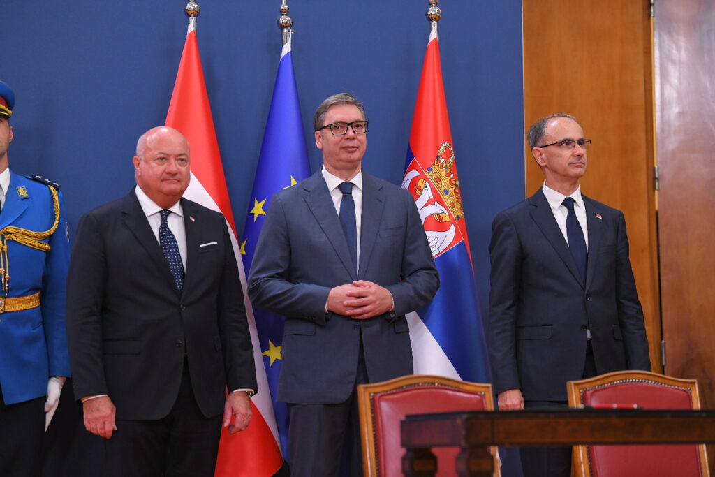Beograd 13.08.2025. Kristijan Štoker, Aleksandar Vučić i Đuro Macut. Poseta ustrijskog kancelara Kristijana Štokera Beogradu Foto: Amir Hamzagić/Nova.rs