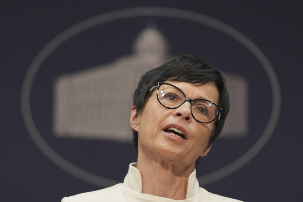 Commissioner for enlargement of the European Commission Marta Kos speaks during a press conference after talks with Serbia's Prime Minister Djuro Macut in Belgrade, Serbia, Tuesday, April 29, 2025. (AP Photo/Darko Vojinovic)