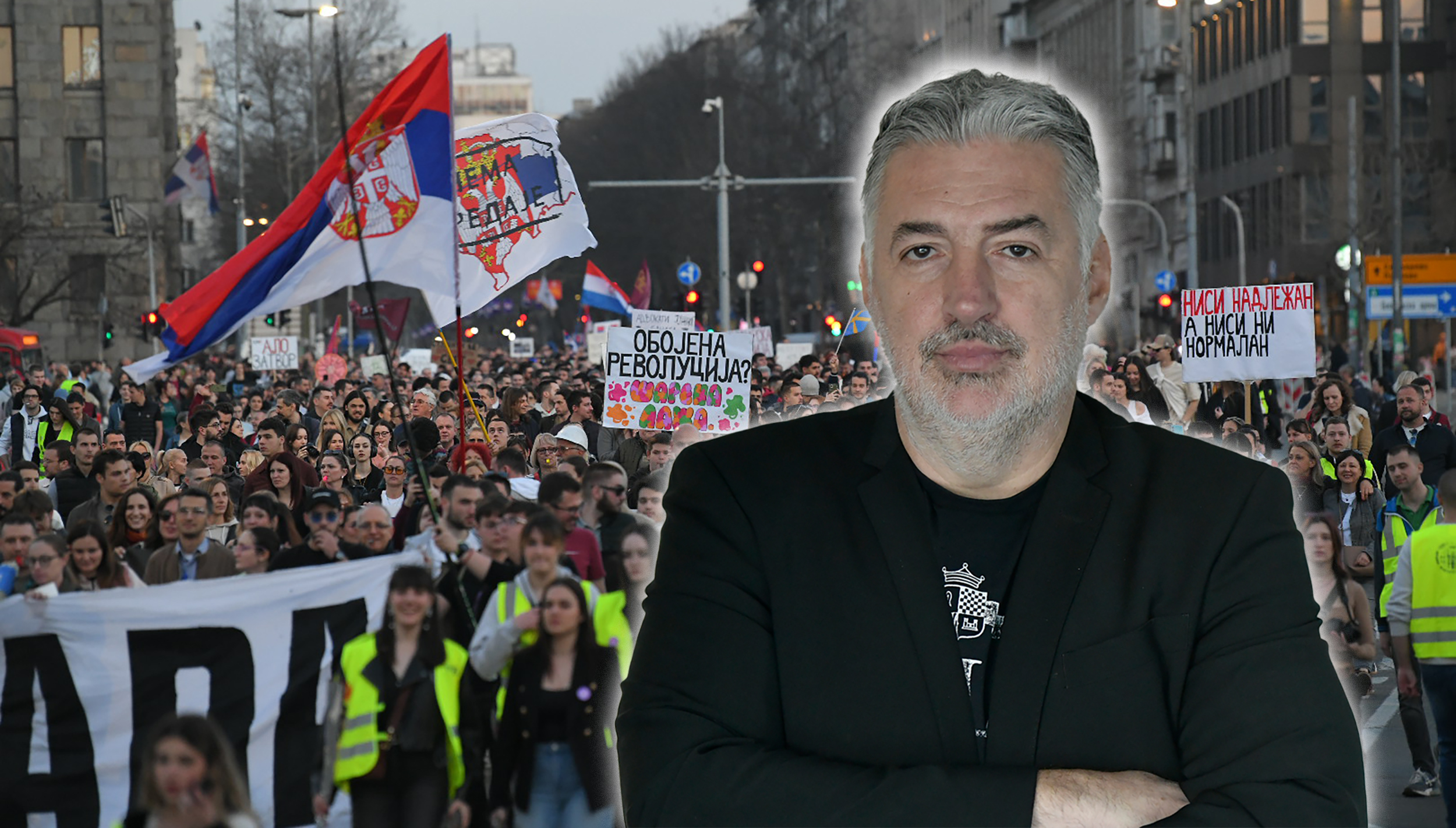 Prof. dr Radan Stojanović u fokus, background studentski protest kombo