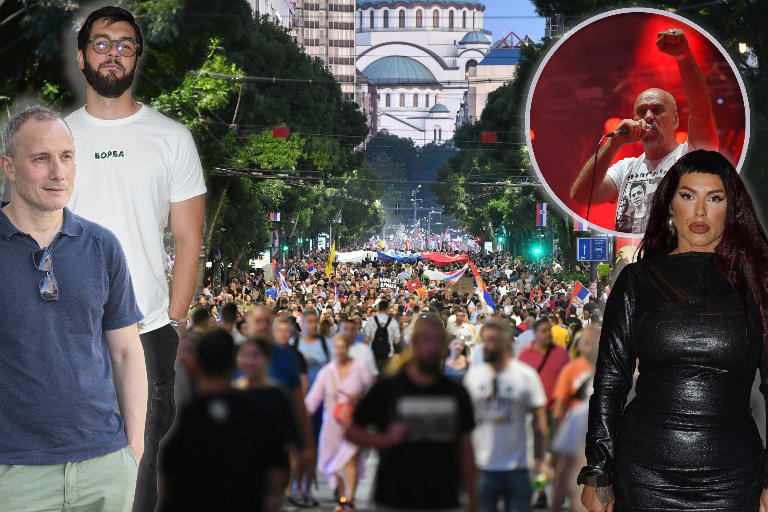 Beograd 28.06.2025. Vidovdan, vidovdanski protest, students protest Foto: Vladislav Mitic/Nova.rs
Goblini, seka aleksić , miloš timotijević i stevan piale, a u pozadini neka fotka protesta