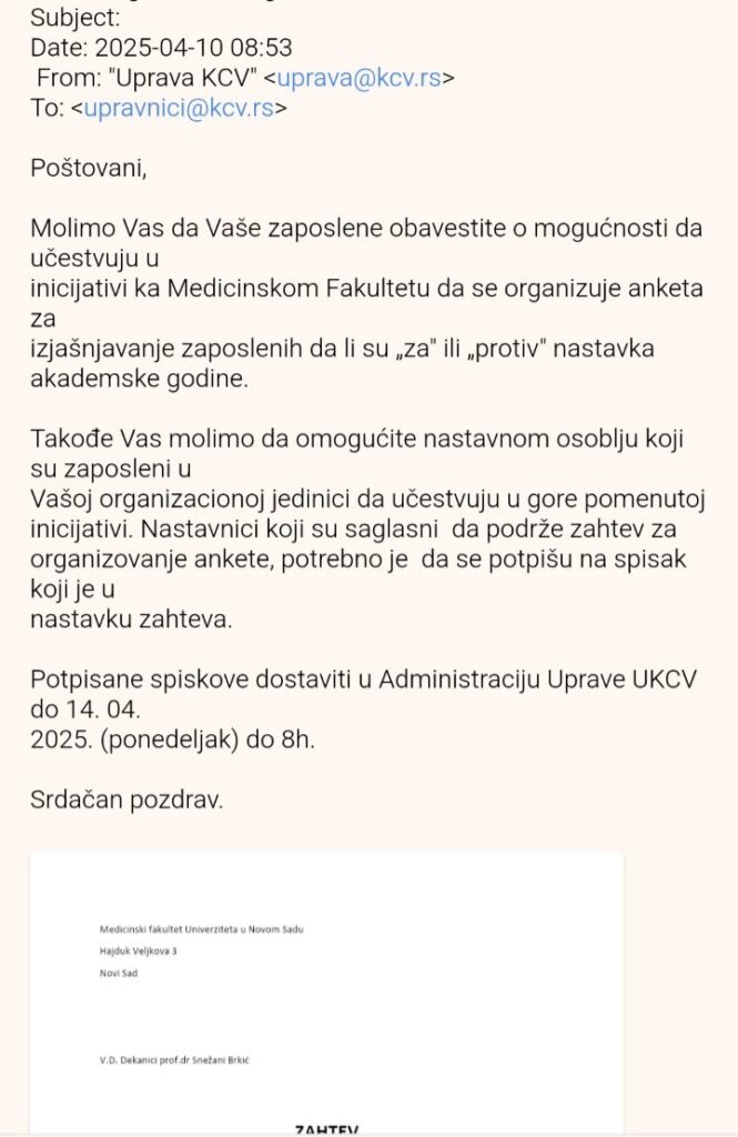 u fokus ova dva dopisa i Medicinski fakultet u Novom Sadu i ako staje Klinički centar Vojvodine