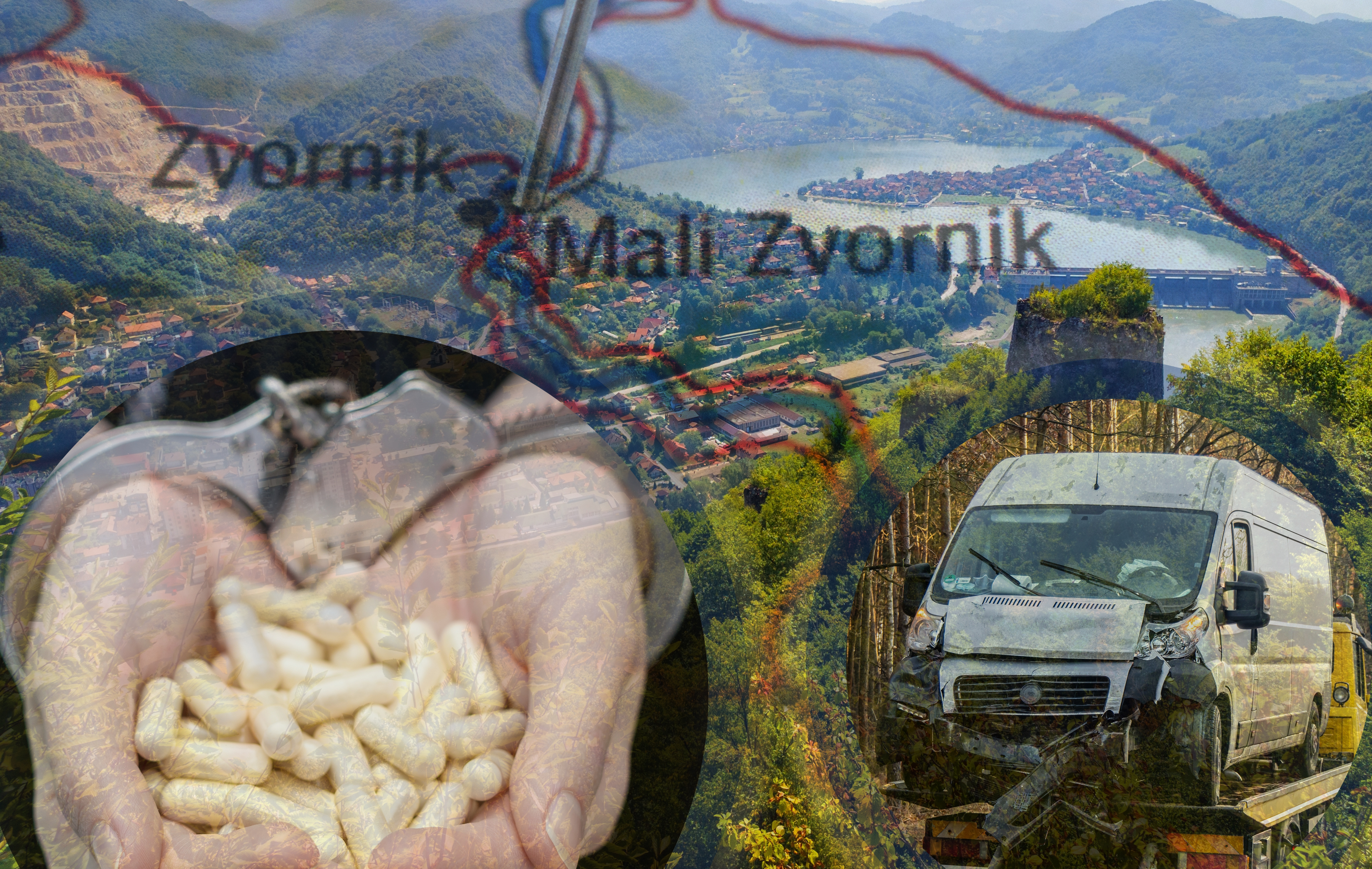Aerial view of Mali Zvornik and Zvornik lake with the hydroelectric plant