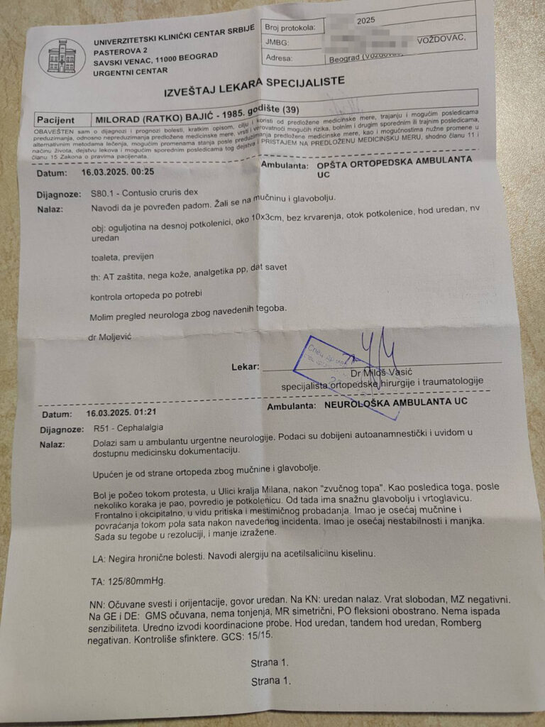 Milorad Bajić doživeo povredu u subotu na protestu, noć proveo na Urgentnom