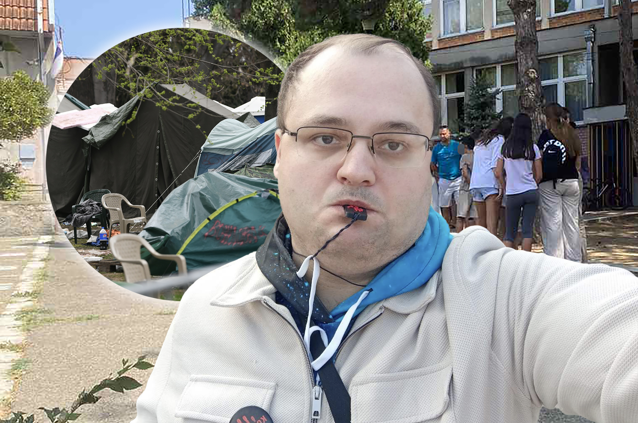 kaver: Lik sa pištaljkom (Ivan Smiljković) u fokus iza njega OŠ "Ljuba Nenadović" u Žarkovu, ako imamo, i u kružić pokrivalica za Ćacilend kombo