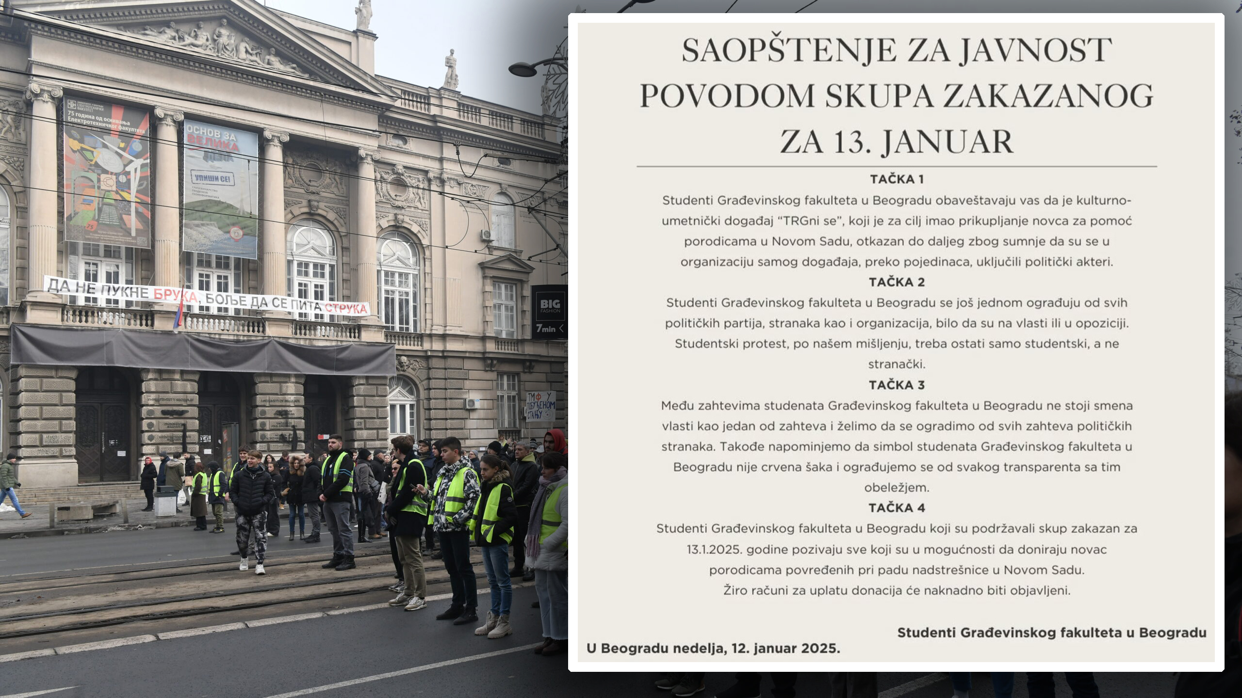 Saopštenje. Građevinski fakultet u Beogradu , kombo
Beograd 31. decembar 2024. ETF, Elektrotehnicki fakultet, Arhitektonski fakultet, blokda Bulevara kralja Aleksandra,, studenti, protest Foto:Goran Srdanov/Nova.rs