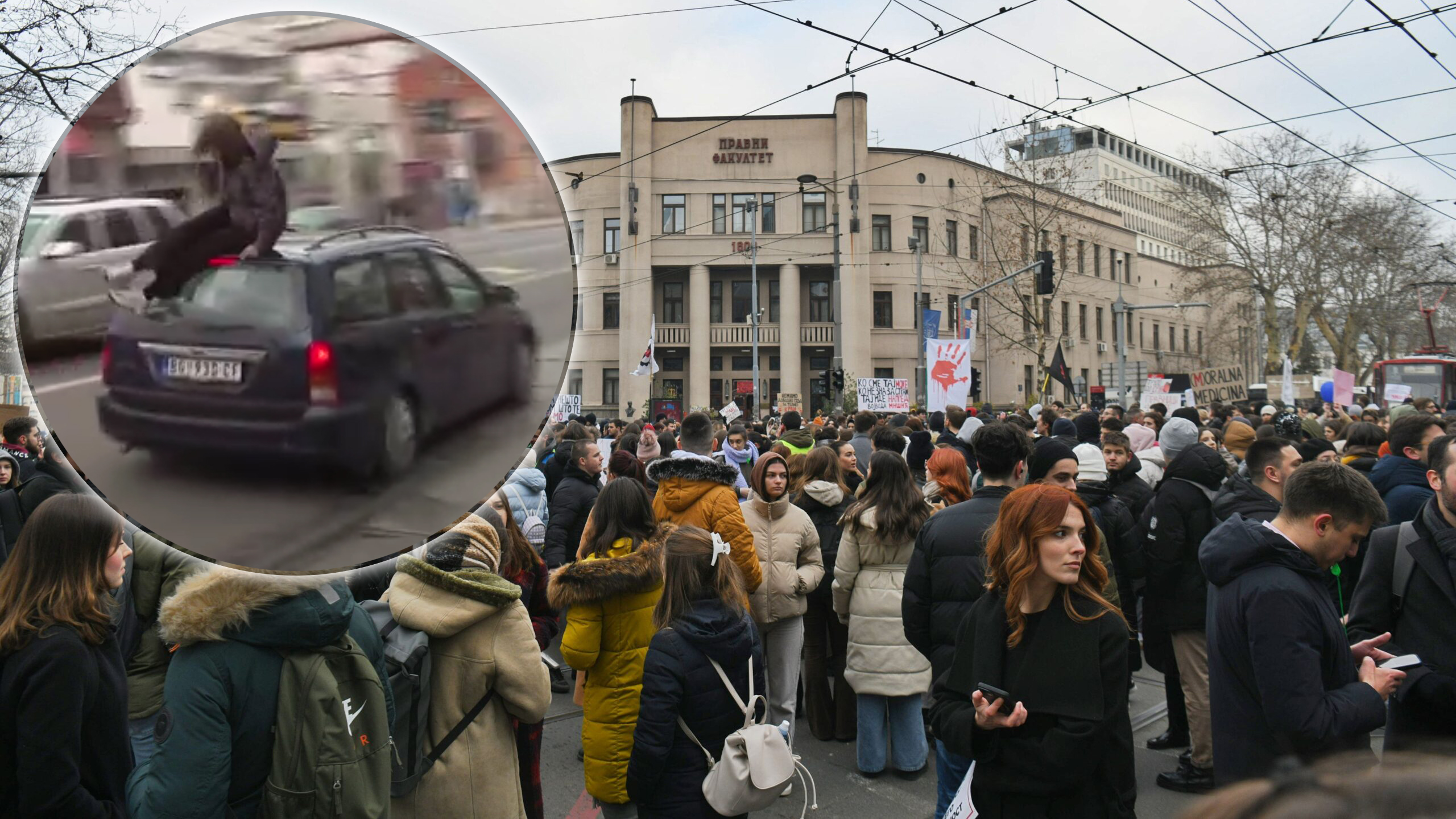 Beograd 16. januar 2025. Studenti okupljanje ispred Pravnog fakulteta podrska devojci koju je oborio auto na blokadi Foto:Filip Krainčanić/Nova.rs fotka sa protesta ispred Pravnog juče i u kružić fotka gaženja studentkinje gde je ona na krovu
