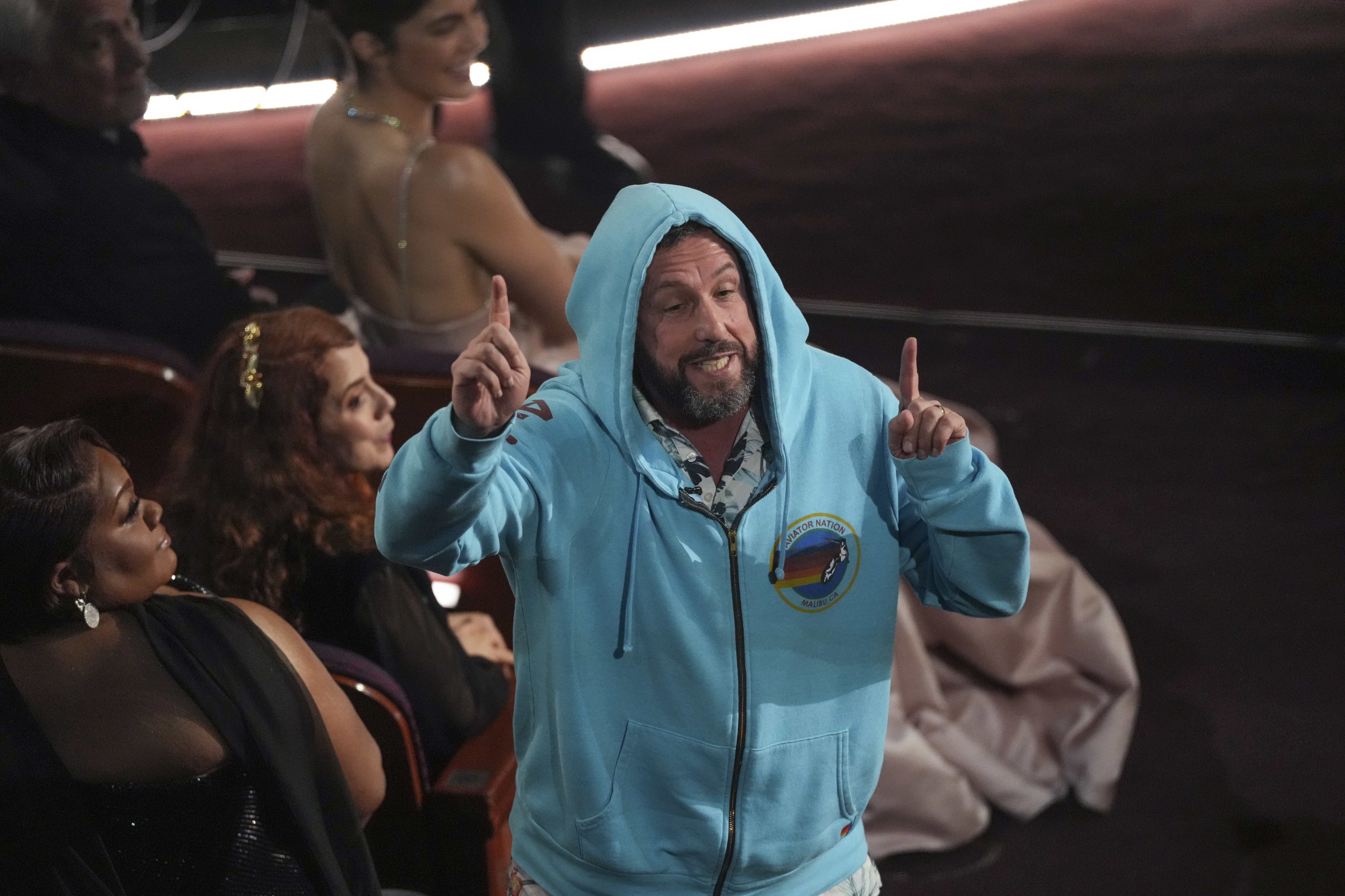 Adam Sandler in the audience during the Oscars on Sunday, March 2, 2025, at the Dolby Theatre in Los Angeles. (AP Photo/Chris Pizzello)