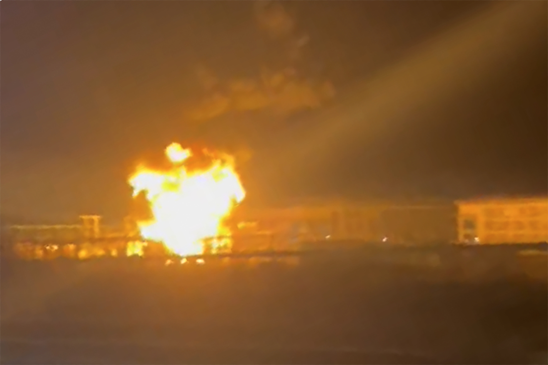 In this photo taken from video provided by Matthew Muirhead, a fire is seen at the North Hyde electrical substation near the Heathrow Airport in London, early Friday, March 21, 2025. (Matthew Muirhead via AP)