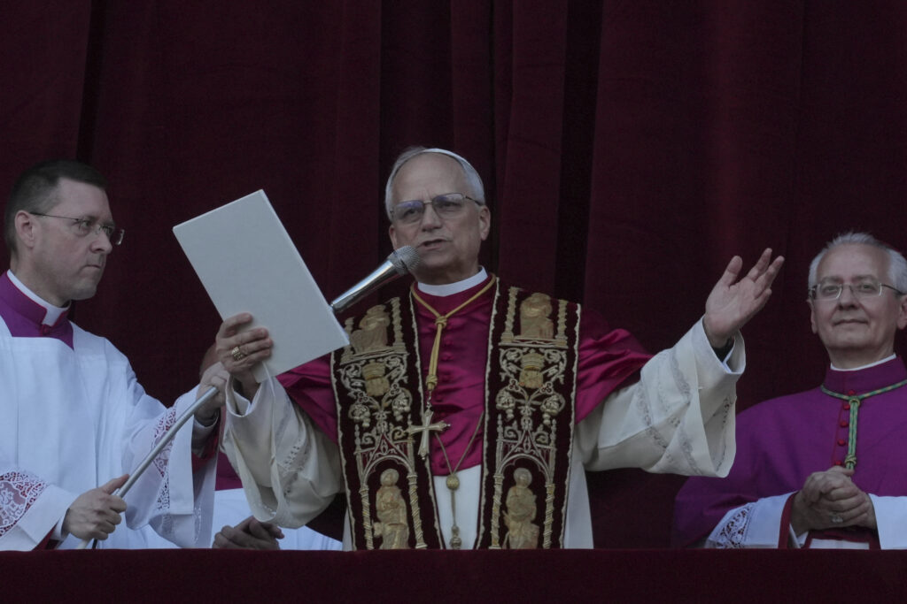 Newly elected Pope Leone XIV appears at the balcony of St. Peter's Basilica at the Vatican, Thursday, May 8, 2025. (AP Photo/Andrew Medichini)
