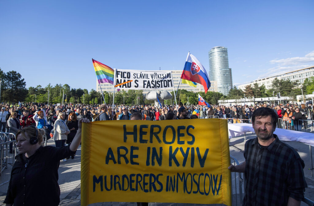 People gather to take part at a protest called "Slovakia is Europe" in Bratislava, Slovakia, on Friday, May 9, 2025. (Martin Baumann/TASR via AP)