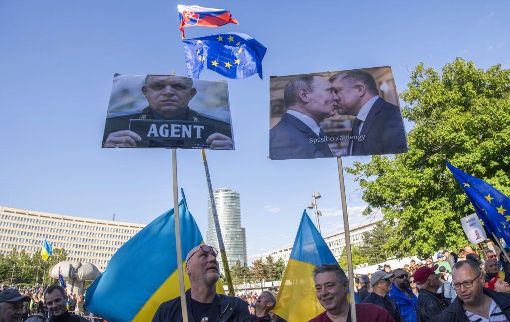 People gather to take part at a protest called "Slovakia is Europe" in Bratislava, Slovakia, on Friday, May 9, 2025. (Martin Baumann/TASR via AP)