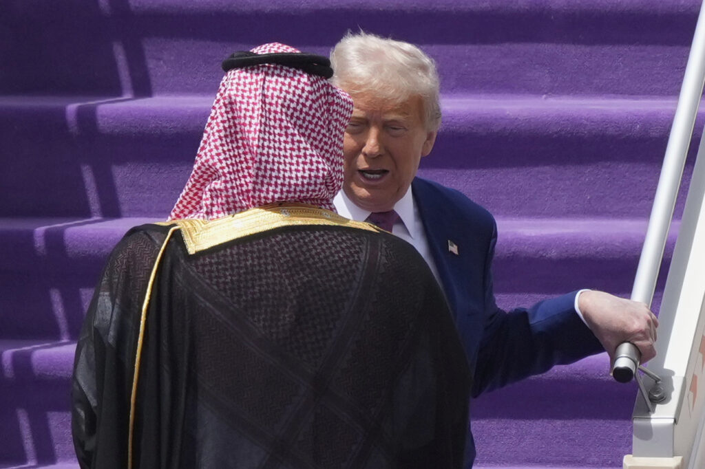 President Donald Trump speaks with Saudi Crown Prince Mohammed bin Salman during an arrival ceremony at the Royal Terminal of King Khalid International Airport in Riyadh, Saudi Arabia, Tuesday, May 13, 2025