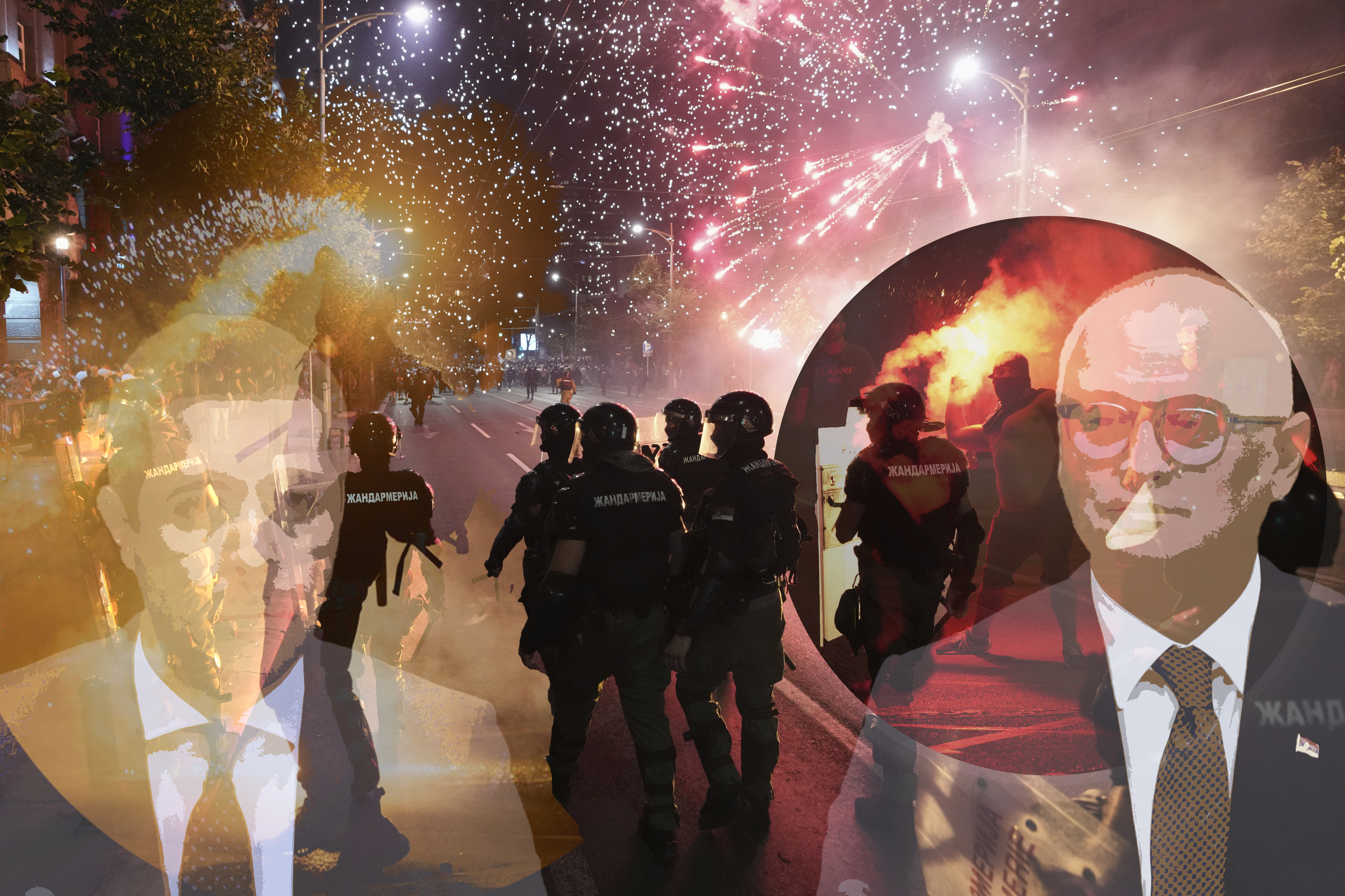 Serbian gendarmerie officers guard street during an anti-government protest near Serbian Progressive Party office in Belgrade, Serbia, Thursday, Aug. 14, 2025. (AP Photo/Darko Vojinovic)