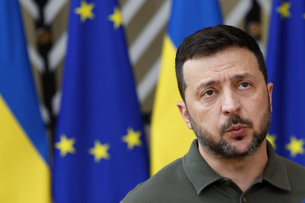 FILE -Ukraine's President Volodymyr Zelenskyy speaks with the media as he arrives for an EU summit in Brussels, Thursday, June 27, 2024. (AP Photo/Geert Vanden Wijngaert, File)