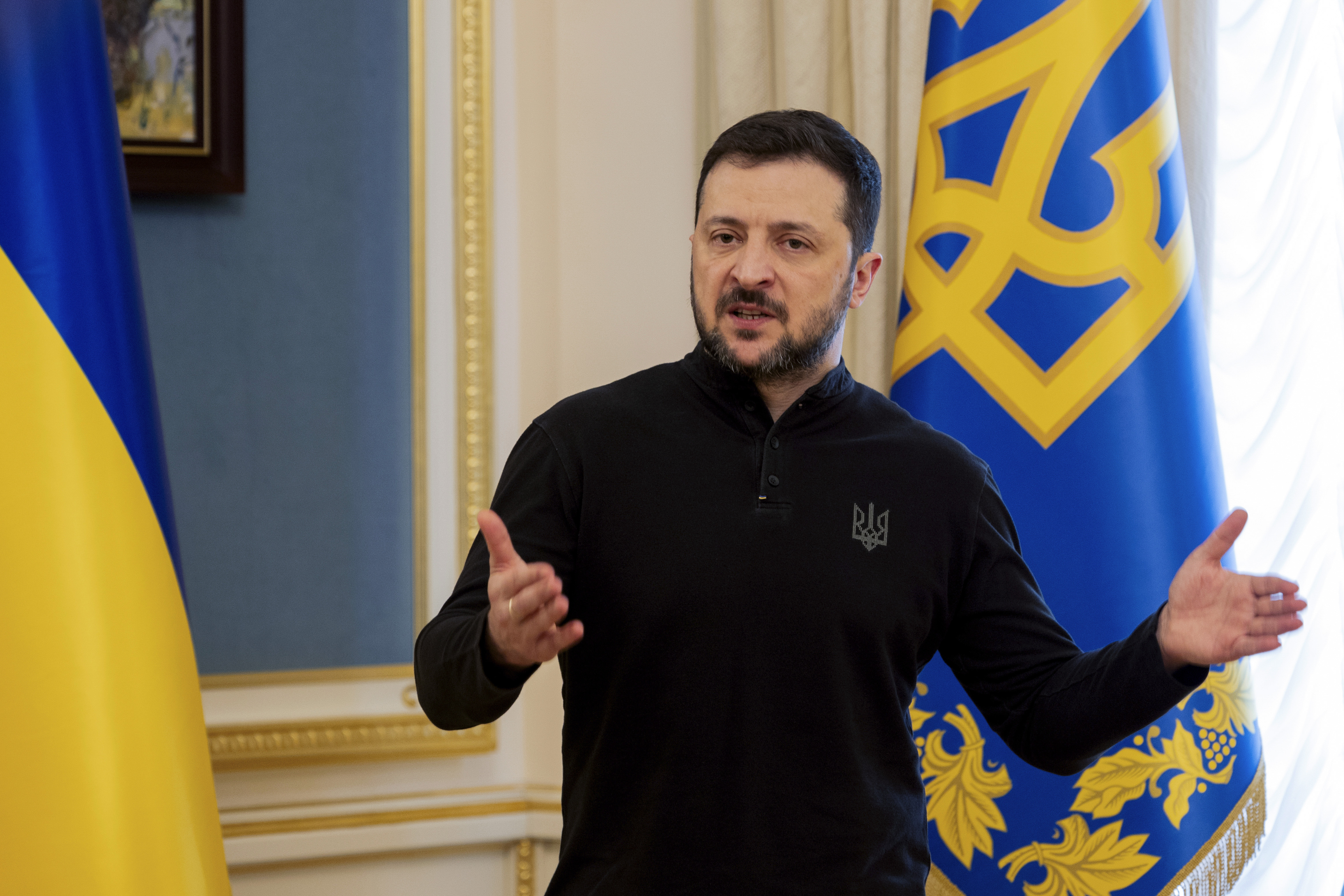 Ukraine's President Volodymyr Zelensky gives a press conference in Kyiv, Wednesday, Feb. 19, 2025. (Tetiana Dzhafarova/Pool Photo via AP)