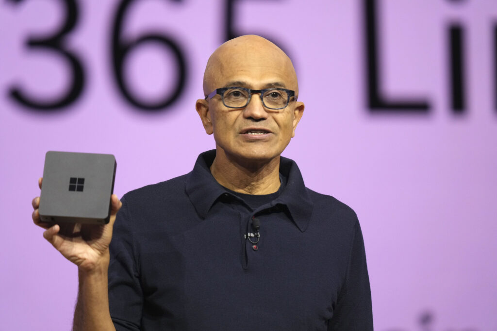 Microsoft CEO Satya Nadella introduces Windows 365 Link at the Microsoft Ignite conference Tuesday, Nov. 19, 2024, in Chicago. (AP Photo/Charles Rex Arbogast)