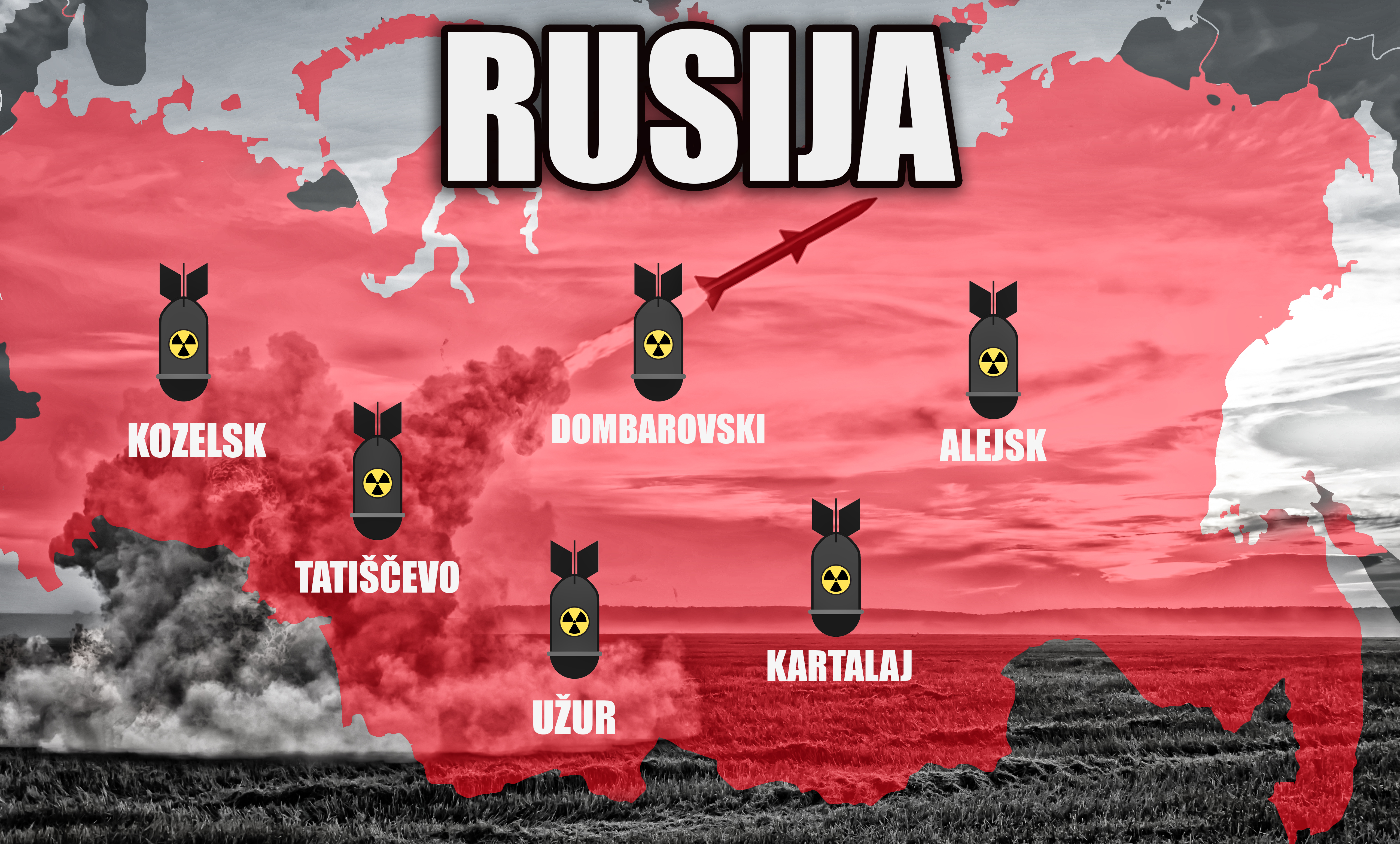 6 nuklearnih polja ako mogu da budu označena: 
Kozelsk (Kozelsk), Tatiščevo, (Tatishchevo), Užur, (Uzhur), Dombarovski (Dombarovsky), Kartalaj (Kartalay), Alejsk( Aleysk)