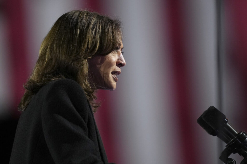 Democratic presidential nominee Vice President Kamala Harris speaks during a campaign rally outside the Philadelphia Museum of Art, Monday, Nov. 4, 2024, in Philadelphia. (AP Photo/Matt Rourke)