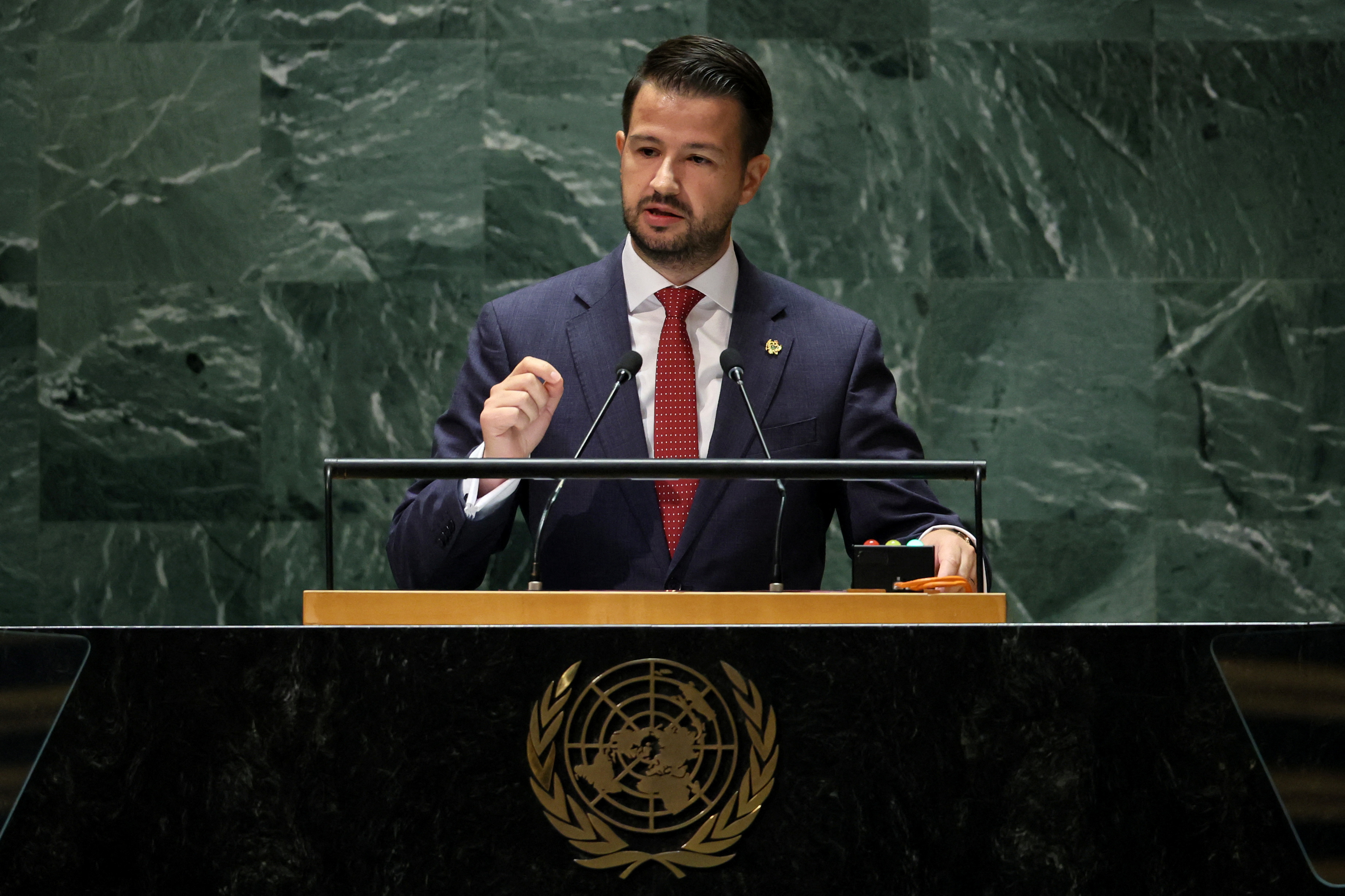 Montenegro's President Jakov Milatovic addresses the 78th Session of the U.N. General Assembly in New York City, U.S., September 21, 2023. REUTERS/Brendan McDermid