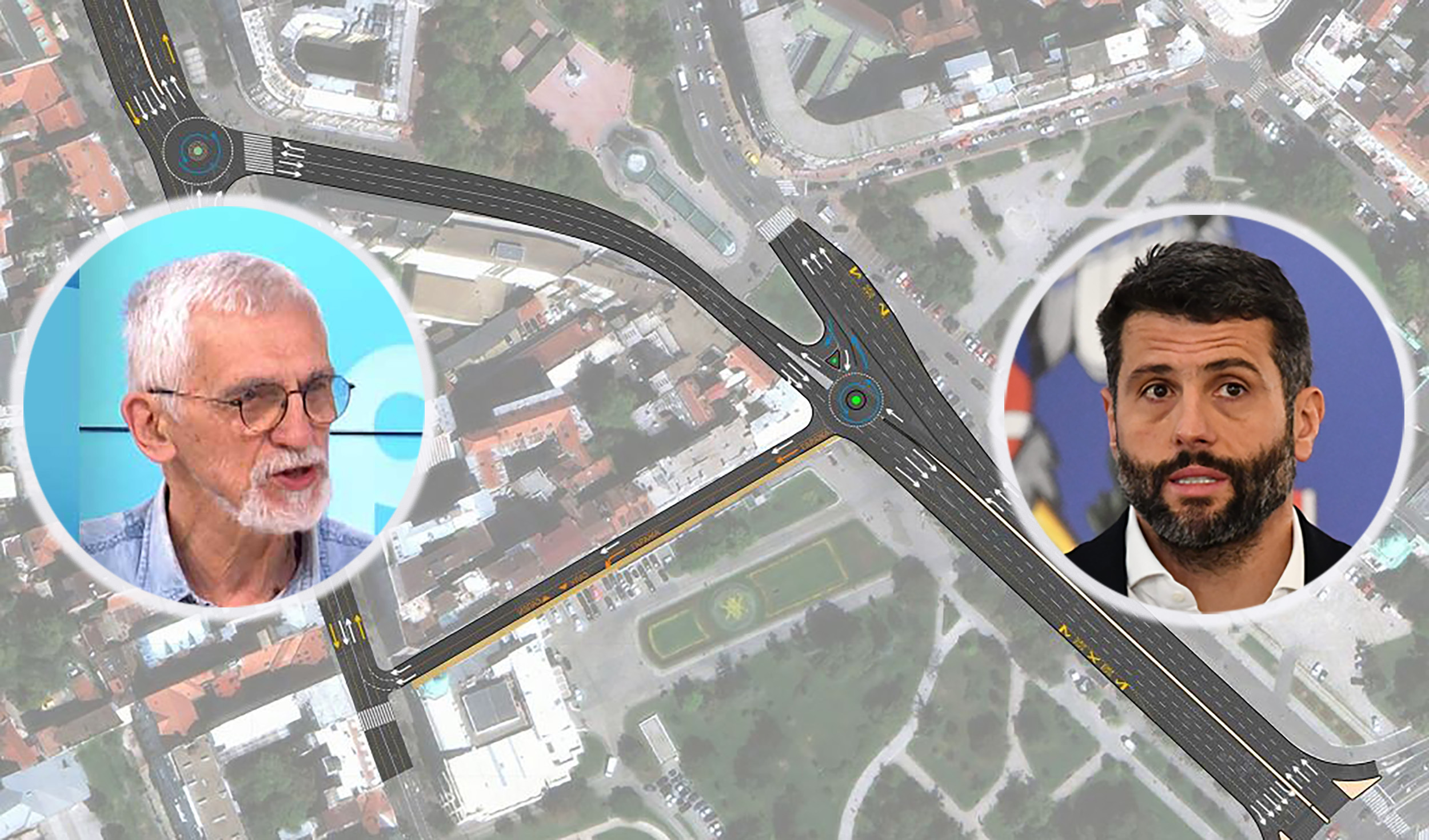 Vladimir Simidžija u kružič, Aleksandar Šapić naspram njega, background fotka planova za kružne tokove u centru grada KOMBO