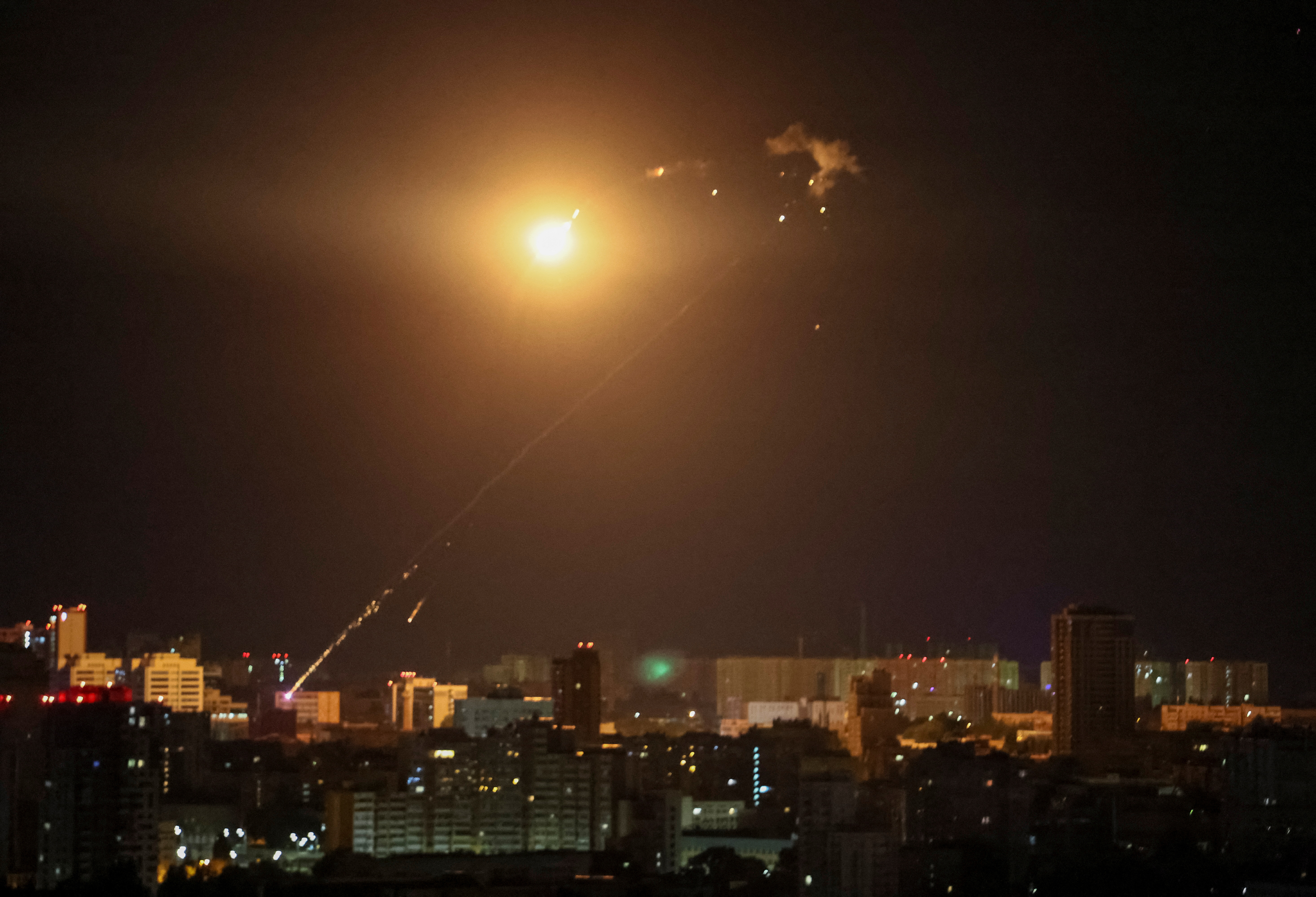 An explosion of a drone is seen in the sky over the city during a Russian drone strike, amid Russia's attack on Ukraine, in Kyiv, Ukraine September 10, 2023. REUTERS/Gleb Garanich
