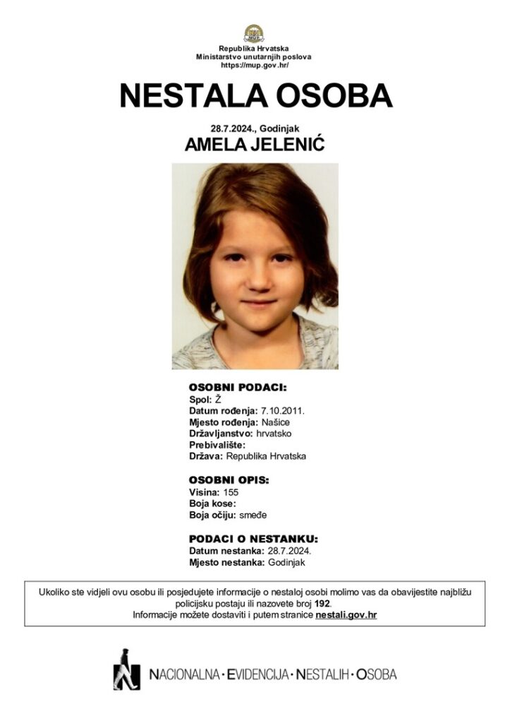 Godinjak kod Nove Gradiške jučer je nestala 12-godišnja djevojčica Amela Jelenić.