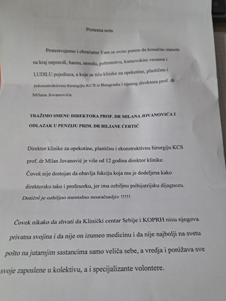 Klinika za opekotine, sonata, protest, pismo Foto: Nova.rs