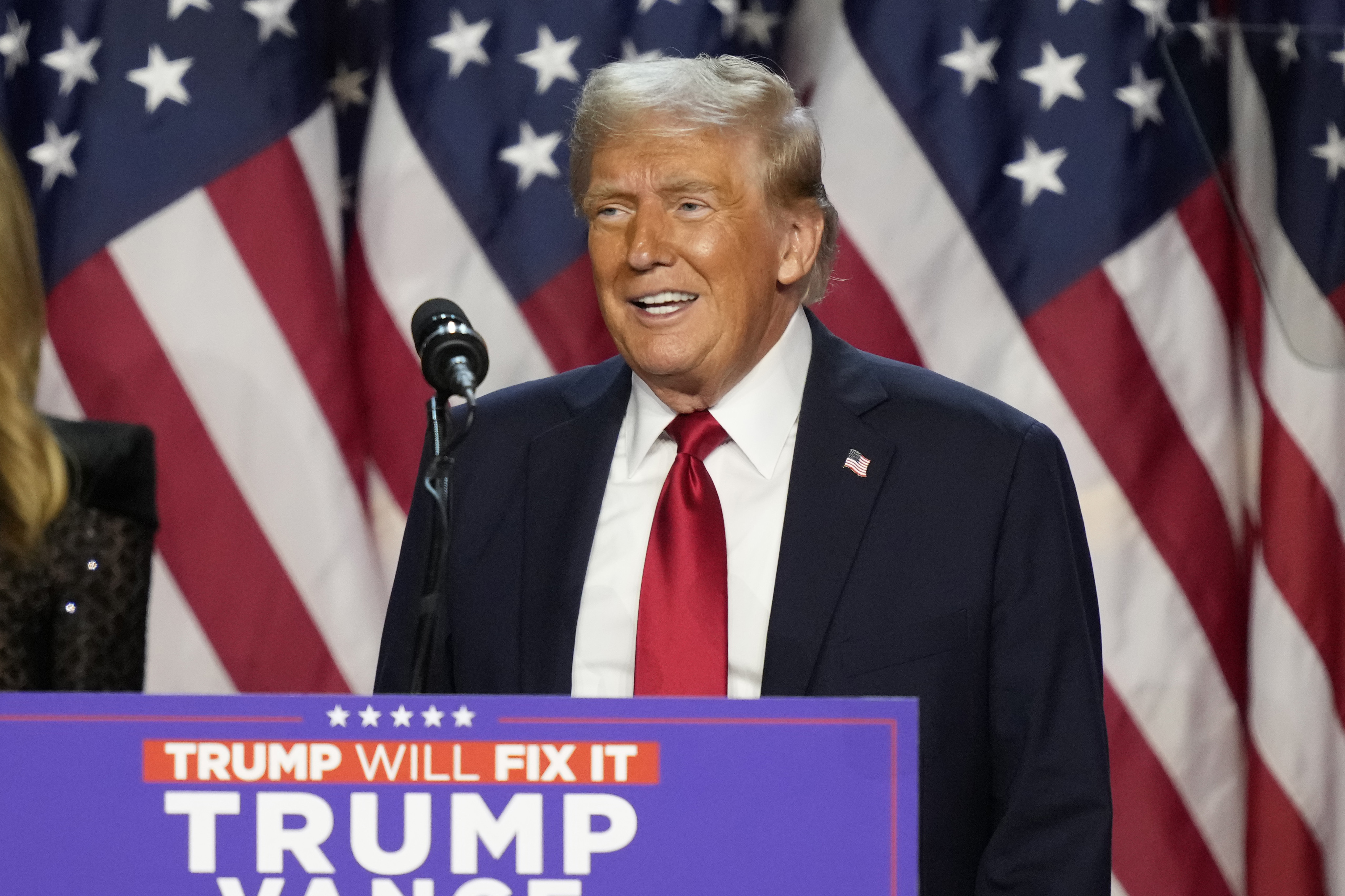 Republican presidential nominee former President Donald Trump speaks at an election night watch party, Wednesday, Nov. 6, 2024, in West Palm Beach, Fla. (AP Photo/Alex Brandon)