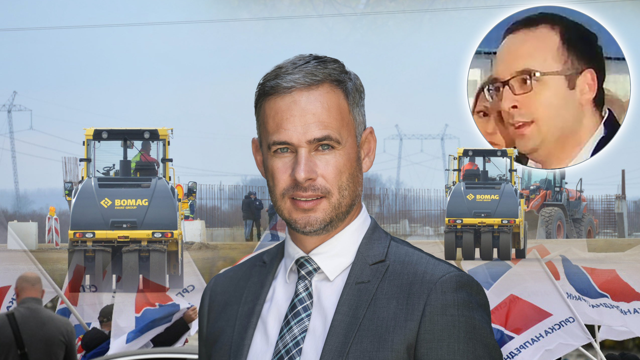 kombo: Miroslav ALeksić, izgradnja puteva, Papić ALeksanar i SNS logo.