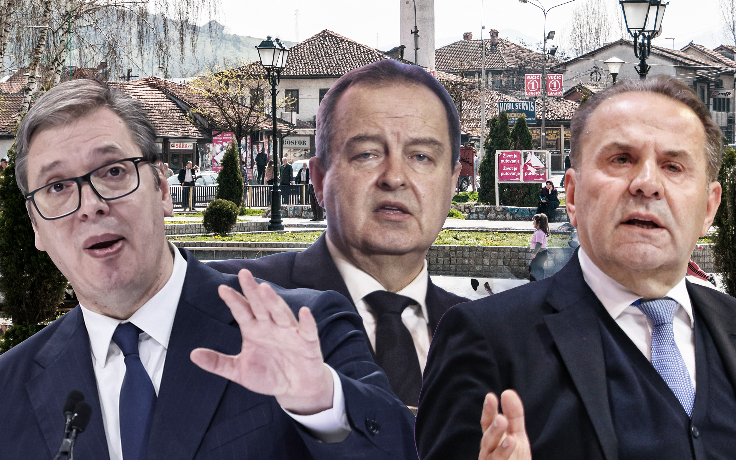 Vučić, Rasim Ljajić i Ivica Dačić, u pozadini Novi pazar
