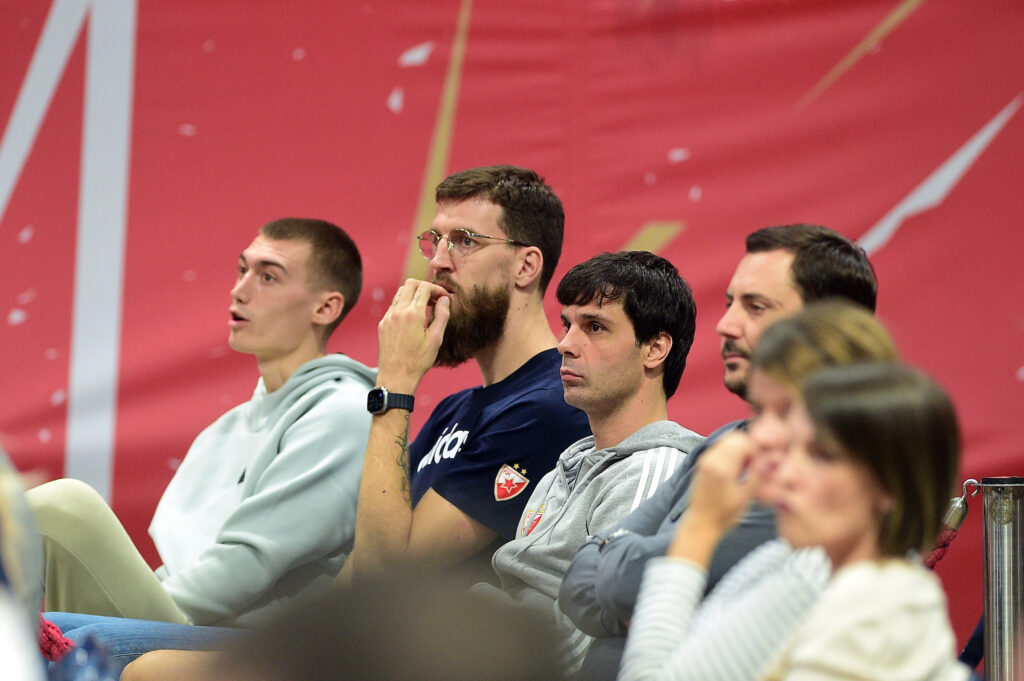 Stefan Lazarevic (L), Ognjen Kuzmic (M) and Milos Teodosic (R) at ABA league round 2 match between kk Crvena Zvezda and KK Cedevita Olimpija, played at Stark Arena, 08.10.2023,  Belgrade, Serbia.  (Photo by Dusan Milenkovic/Starsport.rs ©)