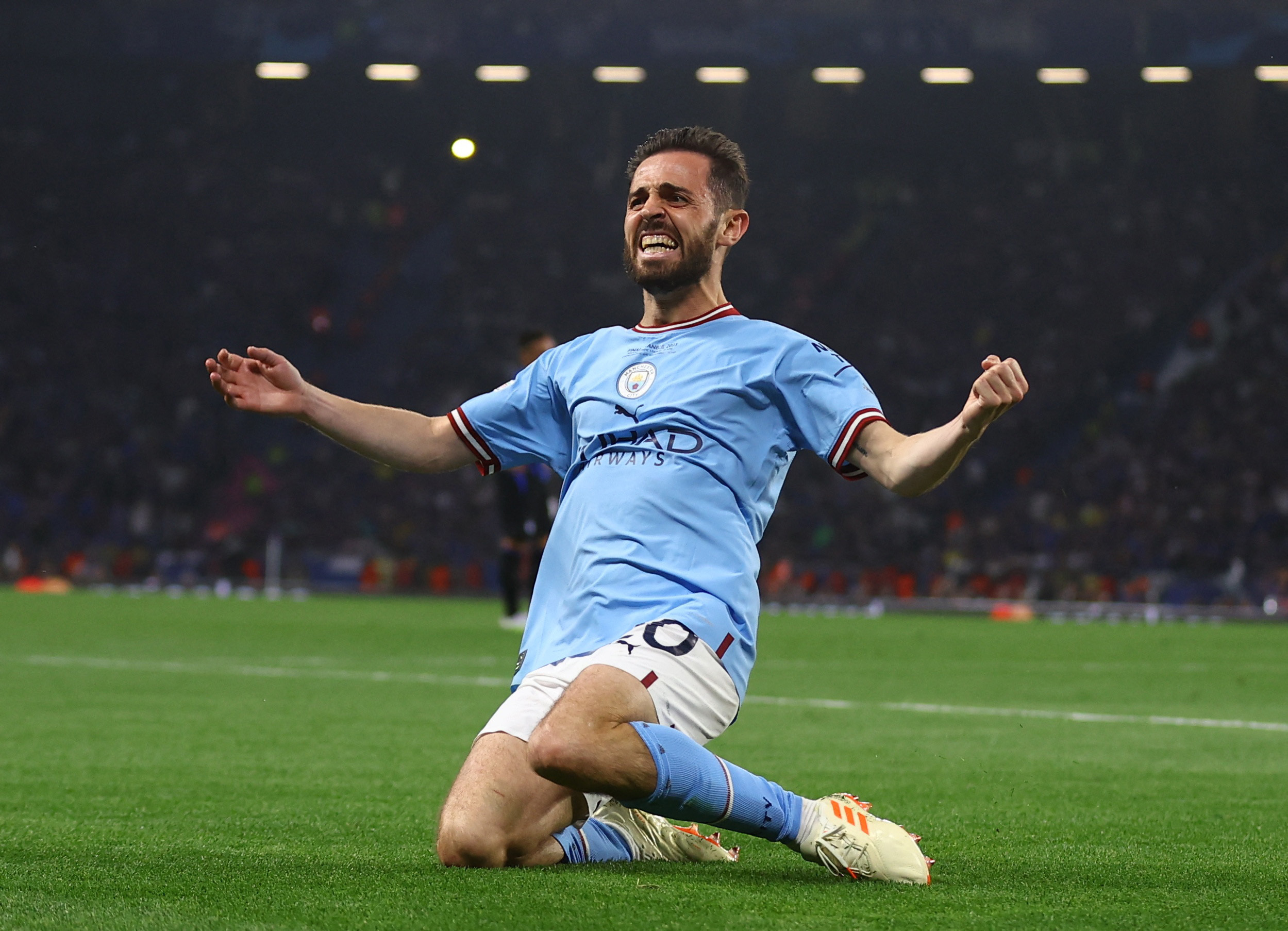 Soccer Football - Champions League Final - Manchester City v Inter Milan - Ataturk Olympic Stadium, Istanbul, Turkey - June 10, 2023 Manchester City's Bernardo Silva celebrates their first goal scored by Rodri REUTERS/Matthew Childs