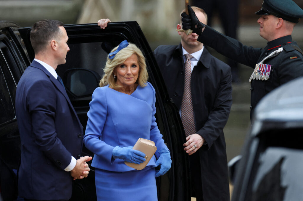The first Lady of the United States, Jill Biden arrives to attend Britain's King Charles and Queen Camilla's coronation ceremony at Westminster Abbey, in London, Britain May 6, 2023. REUTERS/Henry Nicholls