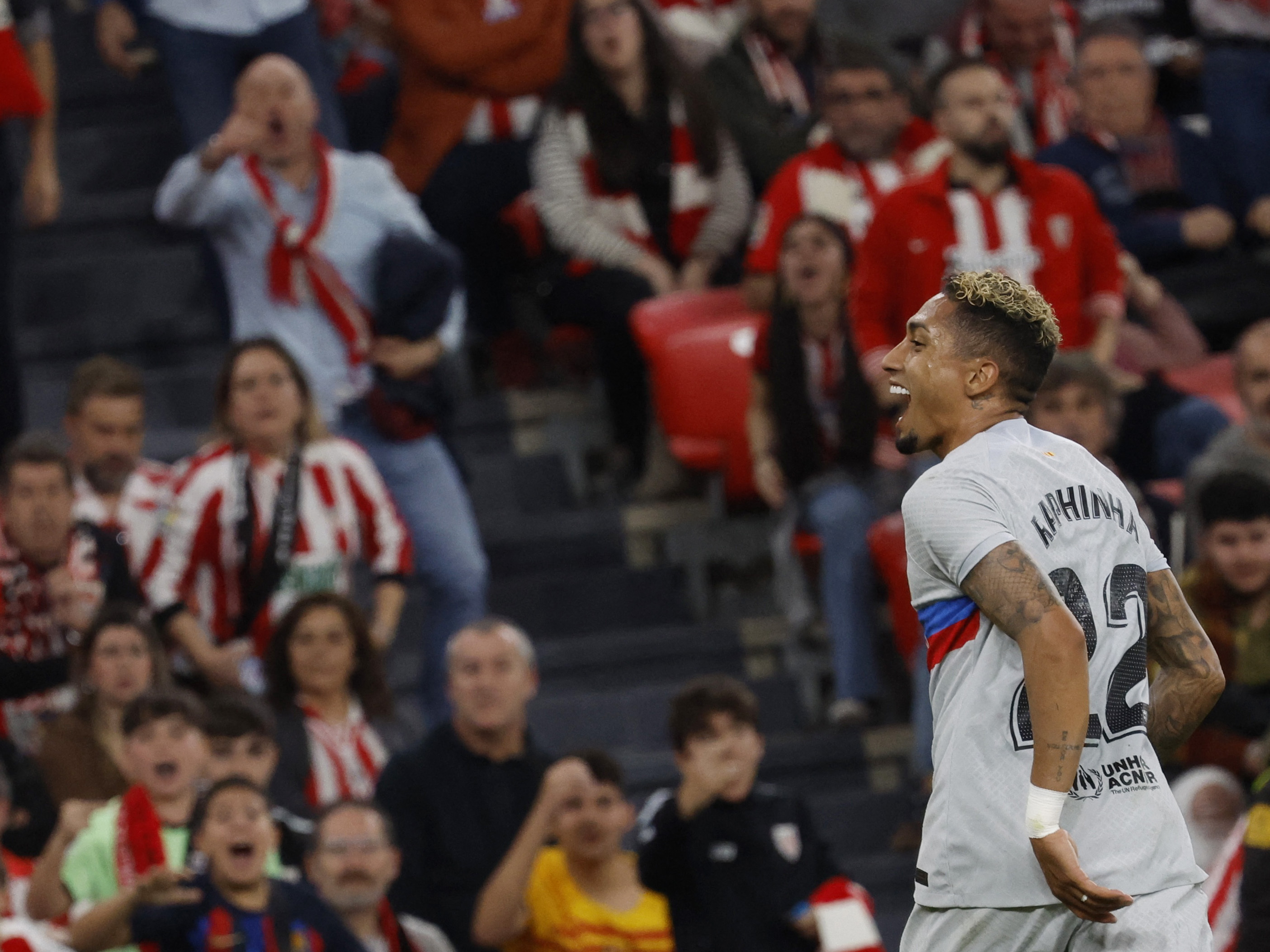 Soccer Football - LaLiga - Athletic Bilbao v FC Barcelona - San Mames, Bilbao, Spain - March 12, 2023 FC Barcelona's Raphinha celebrates scoring their first goal REUTERS/Vincent West