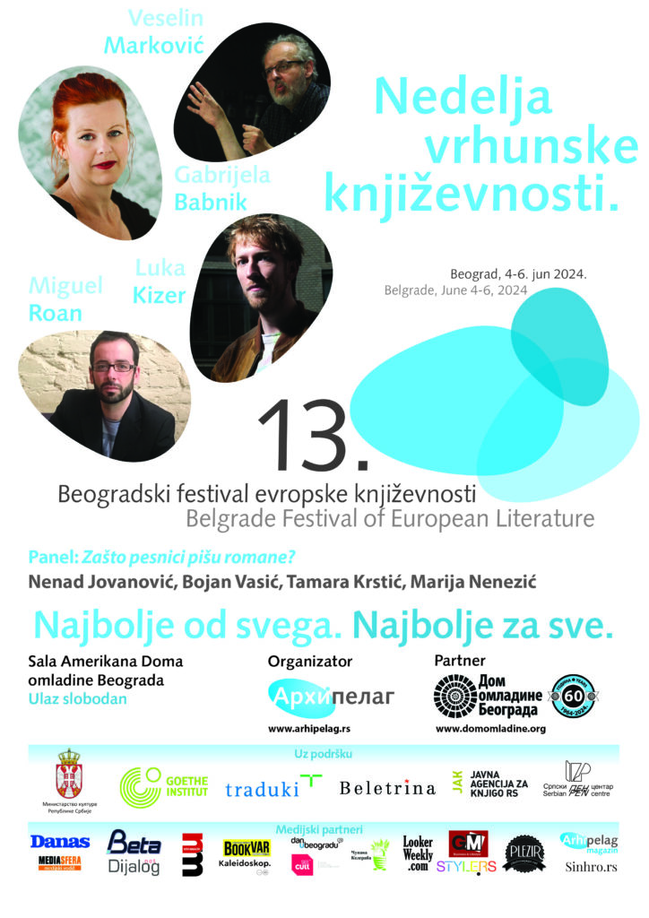 13. Beogradski festival evropske književnosti: Veselin Marković, Luka Kizer, Gabriela Babnik i Miguel Roan na festivalu autorske književnost