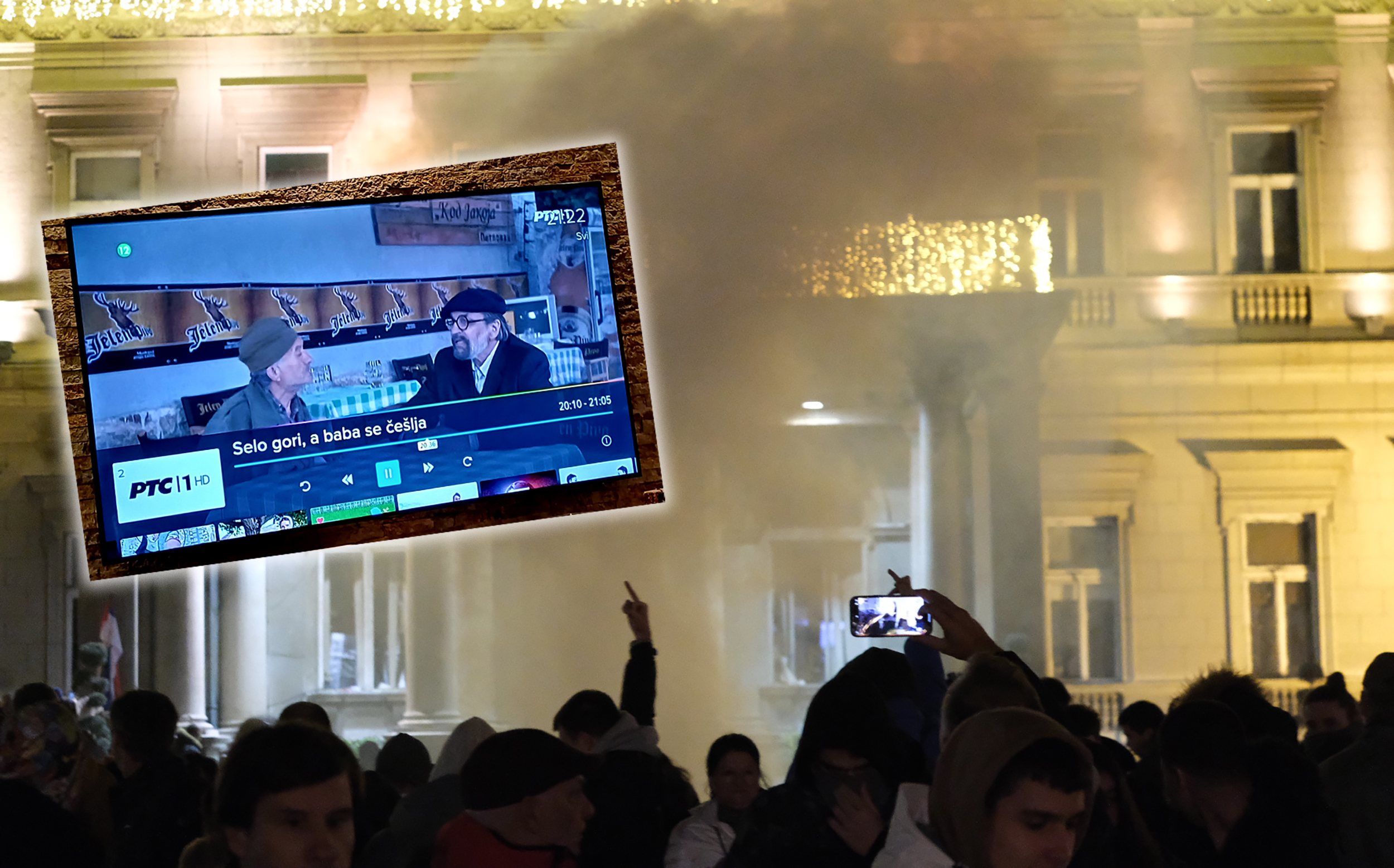 kombo slika "Selo gori" RTS i fotka sa protesta