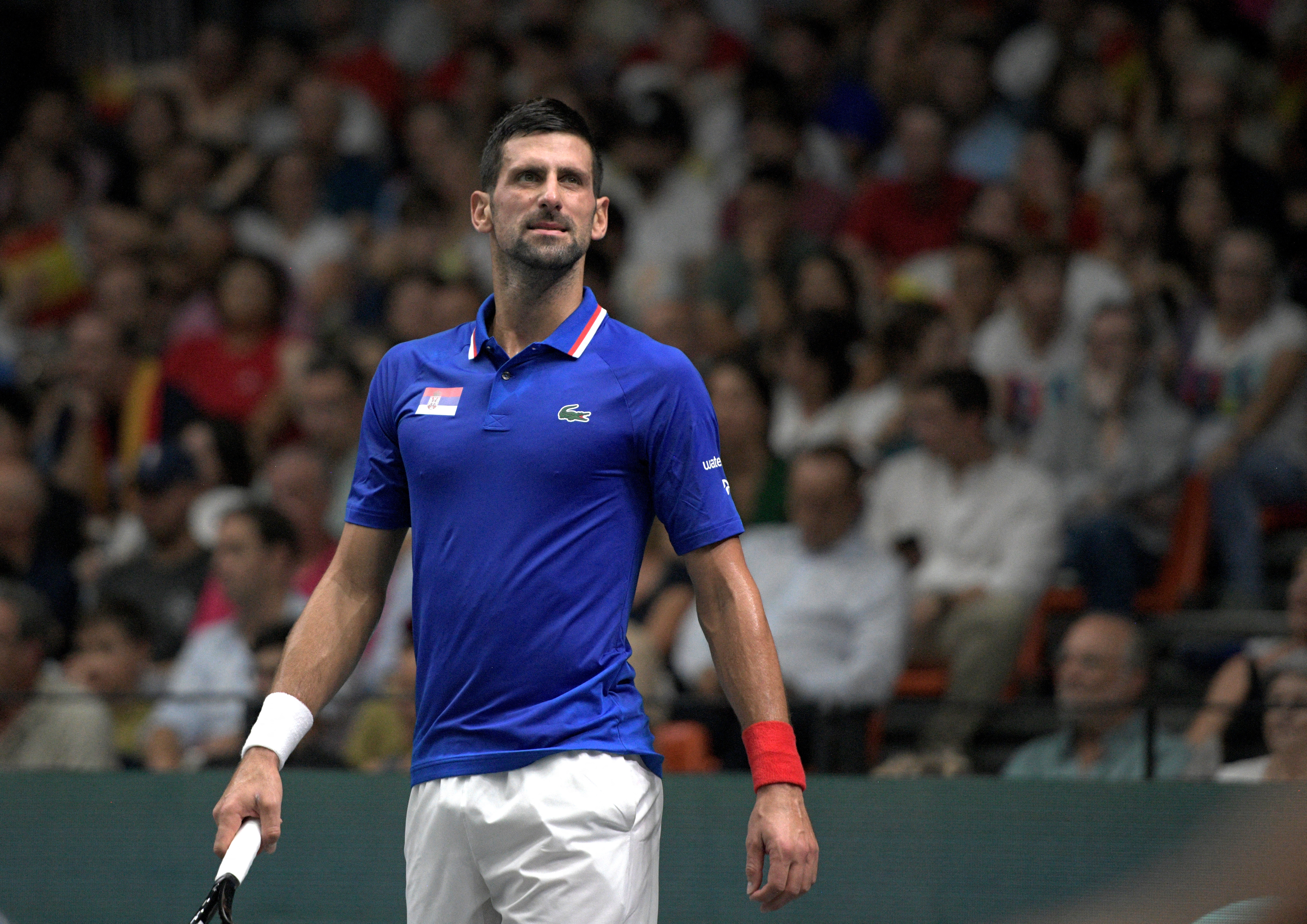 Tennis - Davis Cup - Finals - Spain v Serbia - Pabellon Fuente de San Luis, Valencia, Spain - September 15, 2023 Serbia’s Novak Djokovic reacts during his match against Spain’s Alejandro Davidovich Fokina REUTERS/Pablo Morano