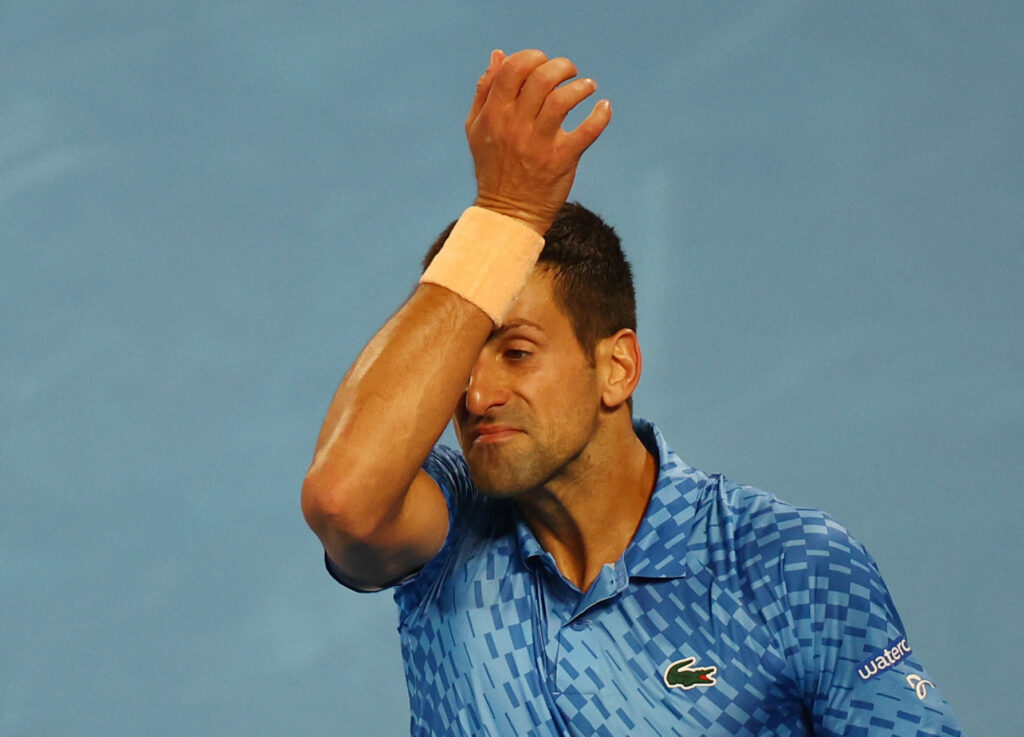 Tennis - Australian Open - Melbourne Park, Melbourne, Australia - January 21, 2023 Serbia's Novak Djokovic reacts during his third round match against Bulgaria's Grigor Dimitrov REUTERS/Hannah Mckay