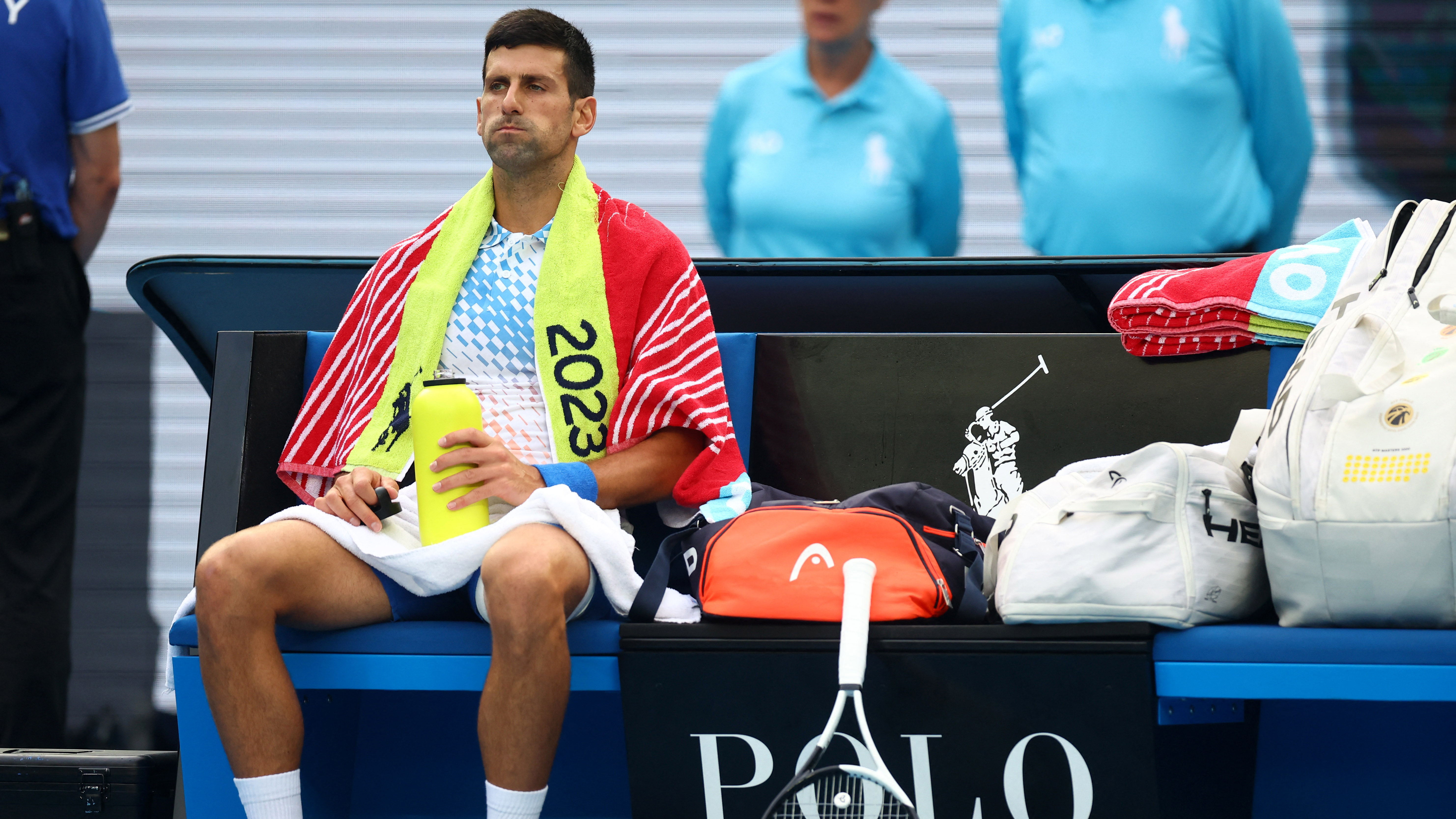 Tennis - Australian Open - Melbourne Park, Melbourne, Australia - January 21, 2023
Serbia's Novak Djokovic during a break in play during his third round match against Bulgaria's Grigor Dimitrov REUTERS/Hannah Mckay