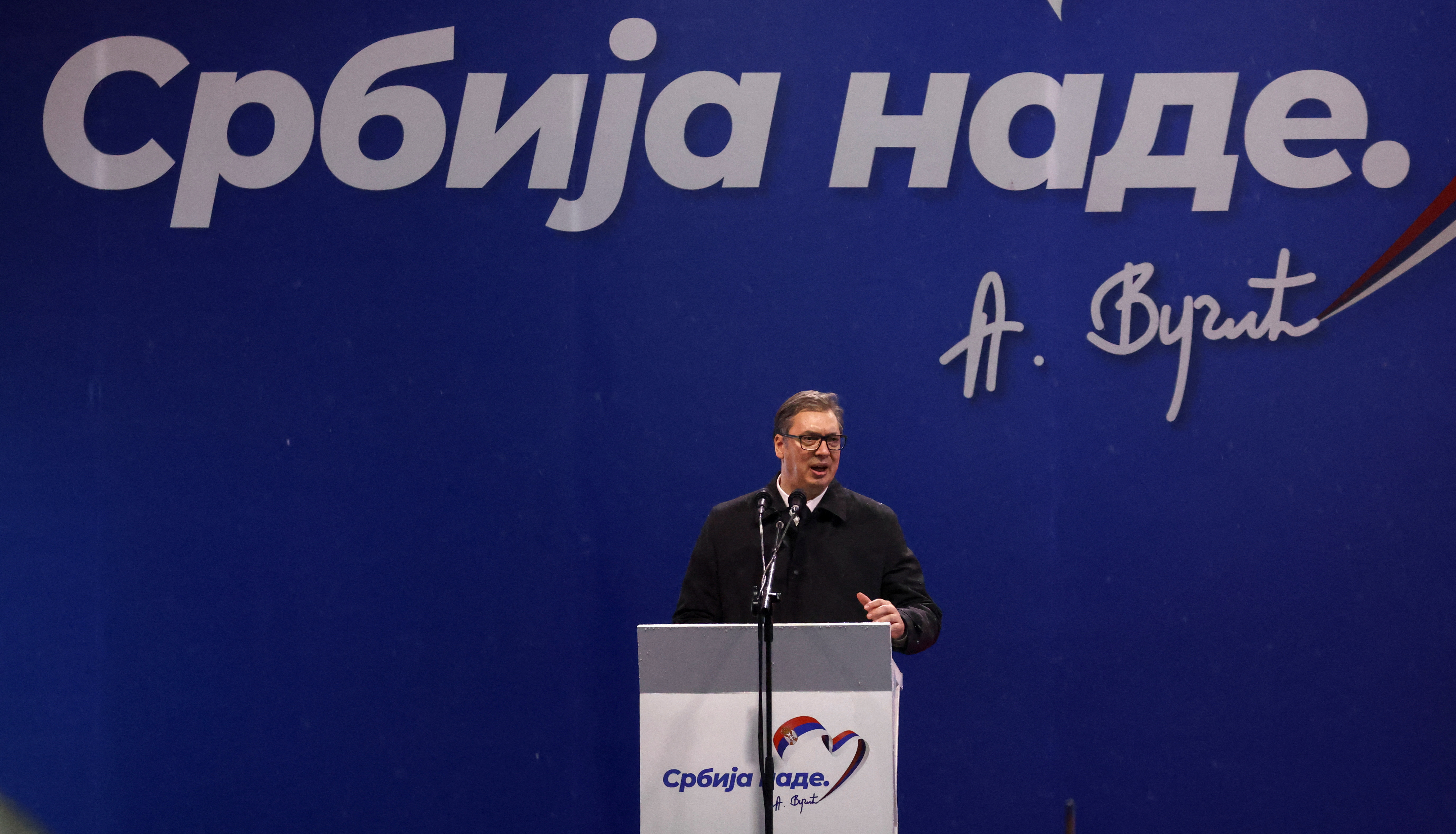 Serbia's President Aleksandar Vucic addresses his supporters during a rally in front of the Parliament building in Belgrade, Serbia, May 26, 2023. REUTERS/Marko Djurica