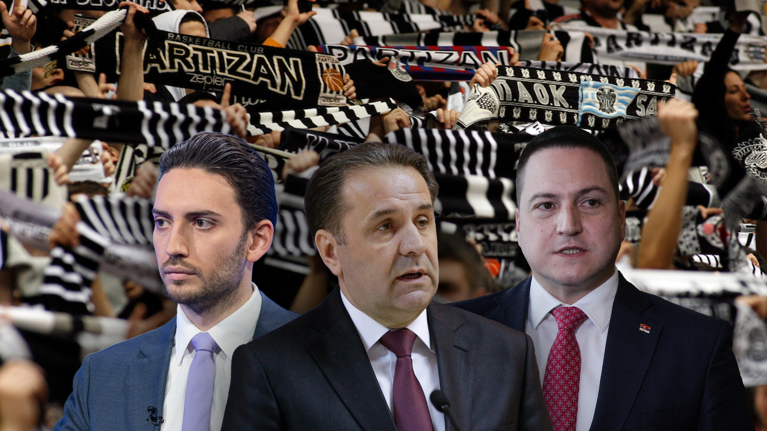 Branko-Ružić-Ružić,-Rasim-Ljajić,-Pavle-Grbović,-Navijači-KK-Partizan